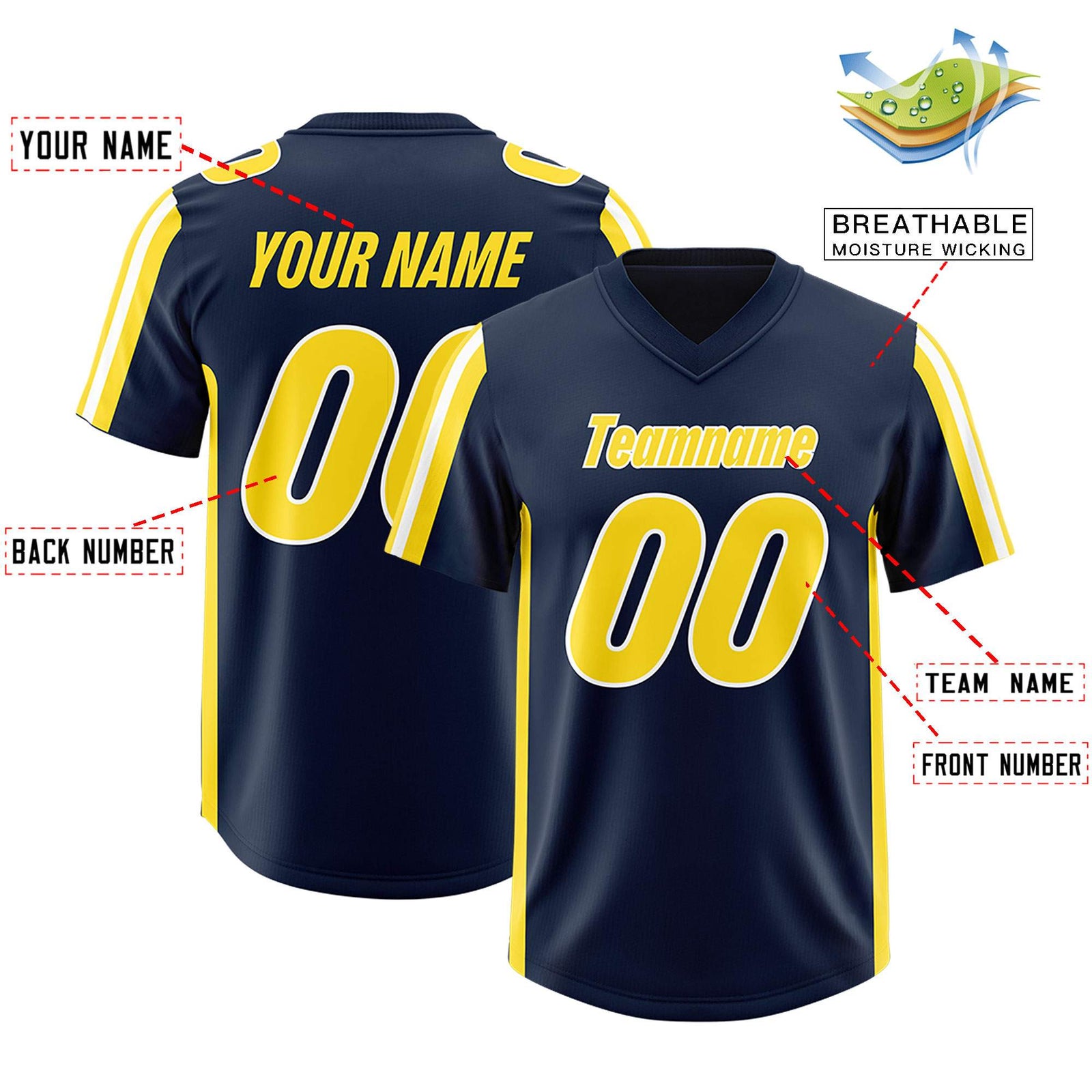 Custom Navy Gold and White Side Stripe Pattern Authentic Football Jersey