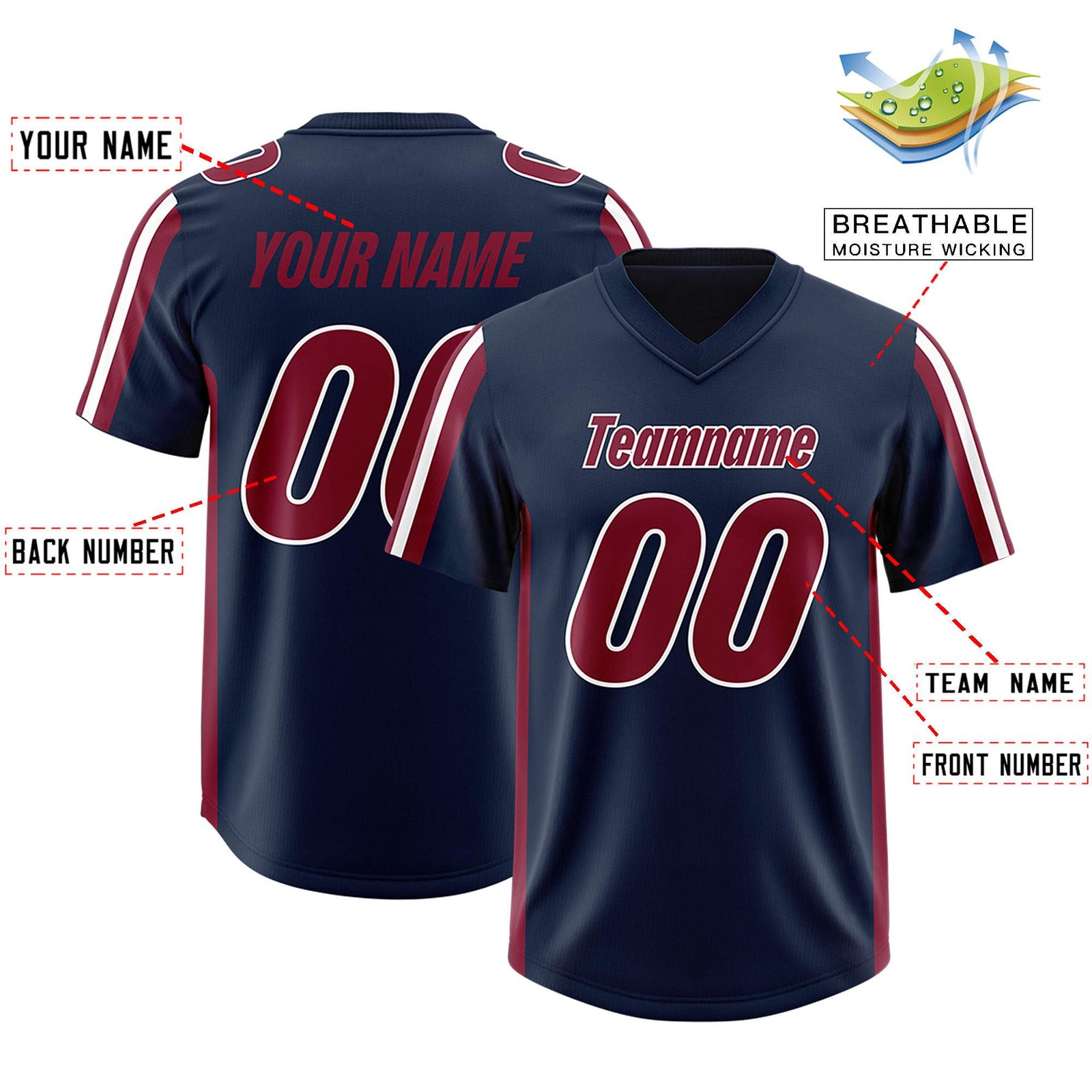 Custom Navy Cardinal and White Side Stripe Pattern Authentic Football Jersey