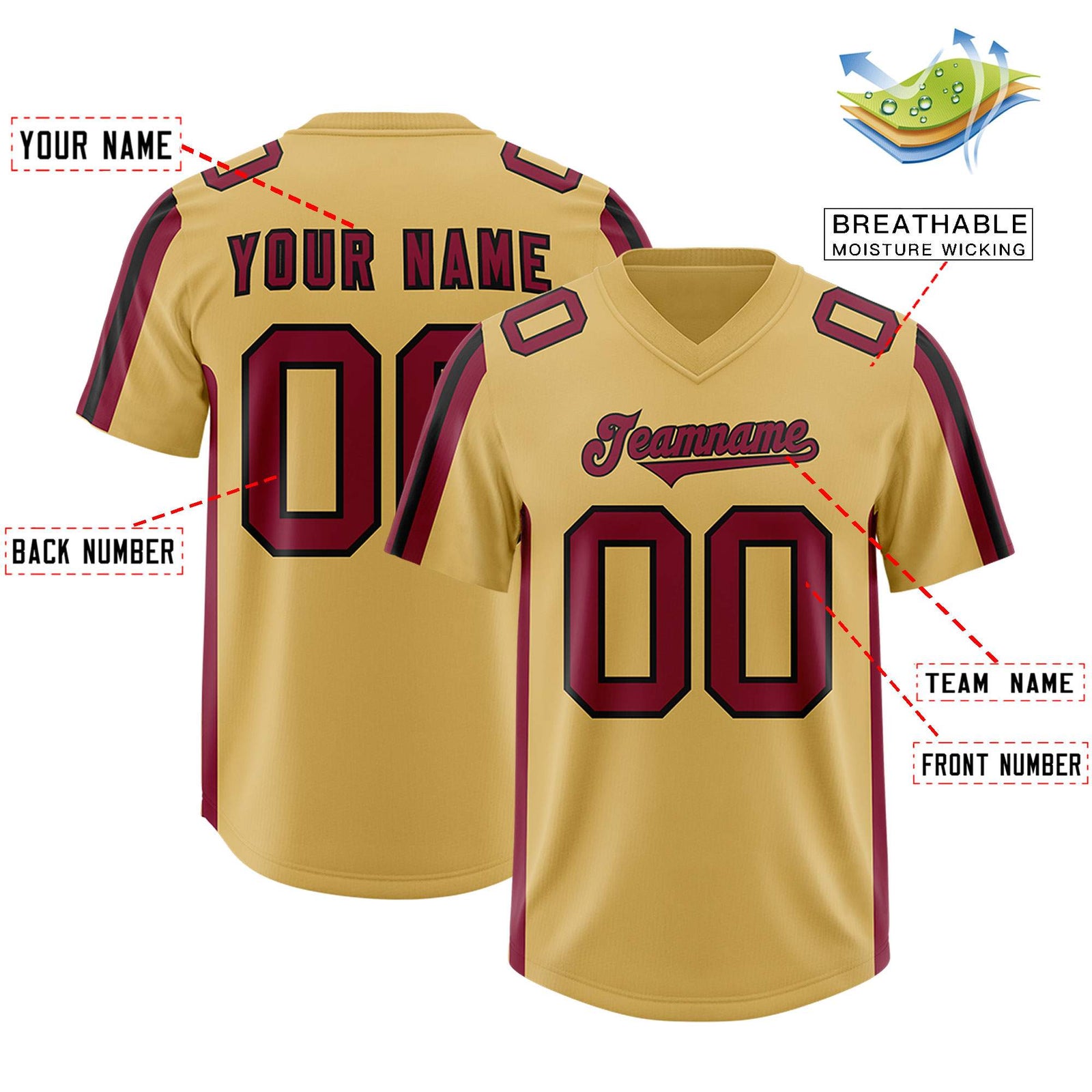 Custom Old Gold Cardinal and Black Side Stripe Pattern Authentic Football Jersey