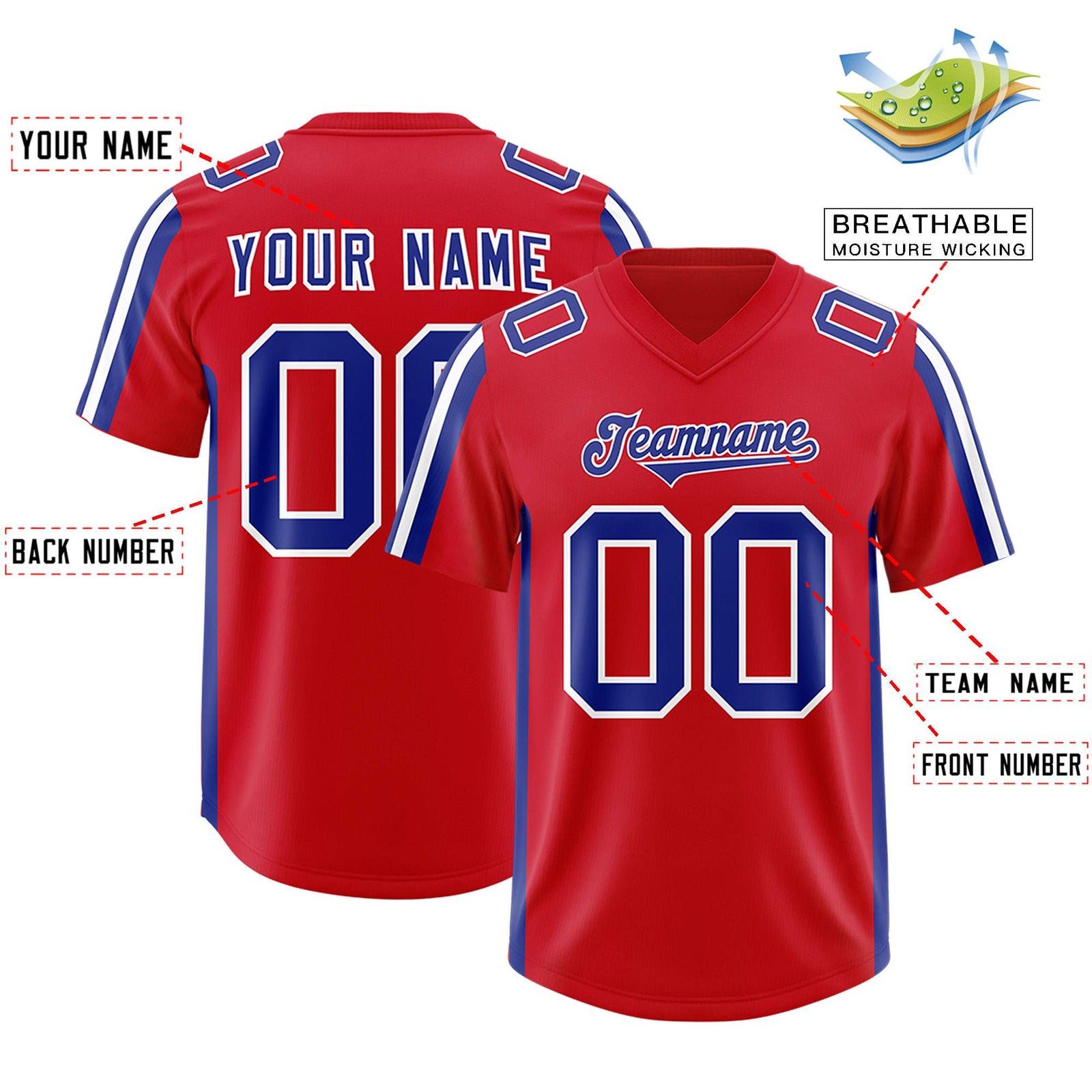 Custom Red Royal and White Side Stripe Pattern Authentic Football Jersey