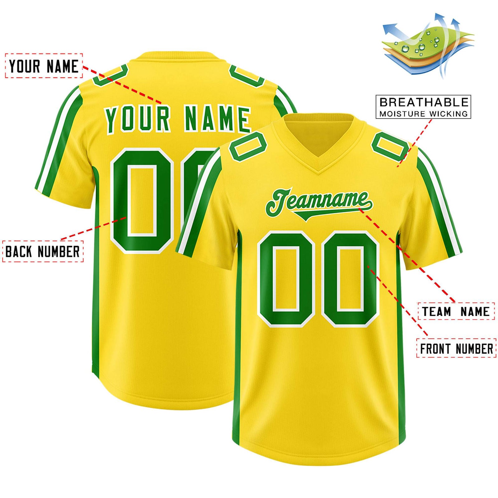 Custom Gold Kelly Green and White Side Stripe Pattern Authentic Football Jersey