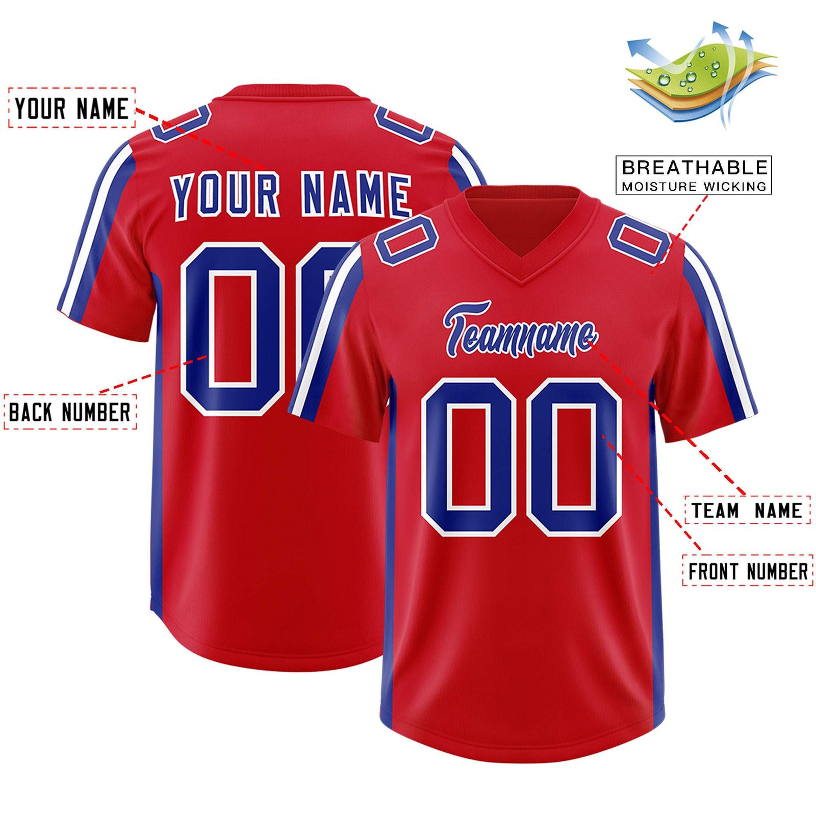 Custom Red Royal and White Side Stripe Pattern Authentic Football Jersey
