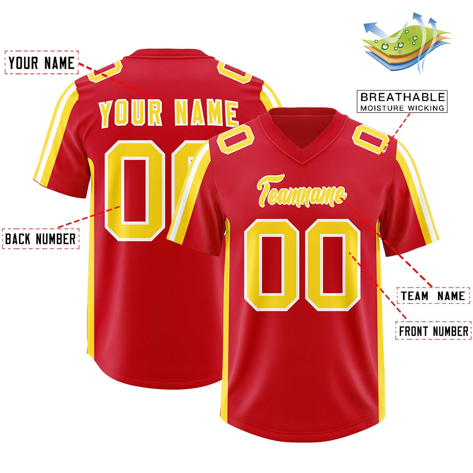 Custom Red Gold and White Side Stripe Pattern Authentic Football Jersey