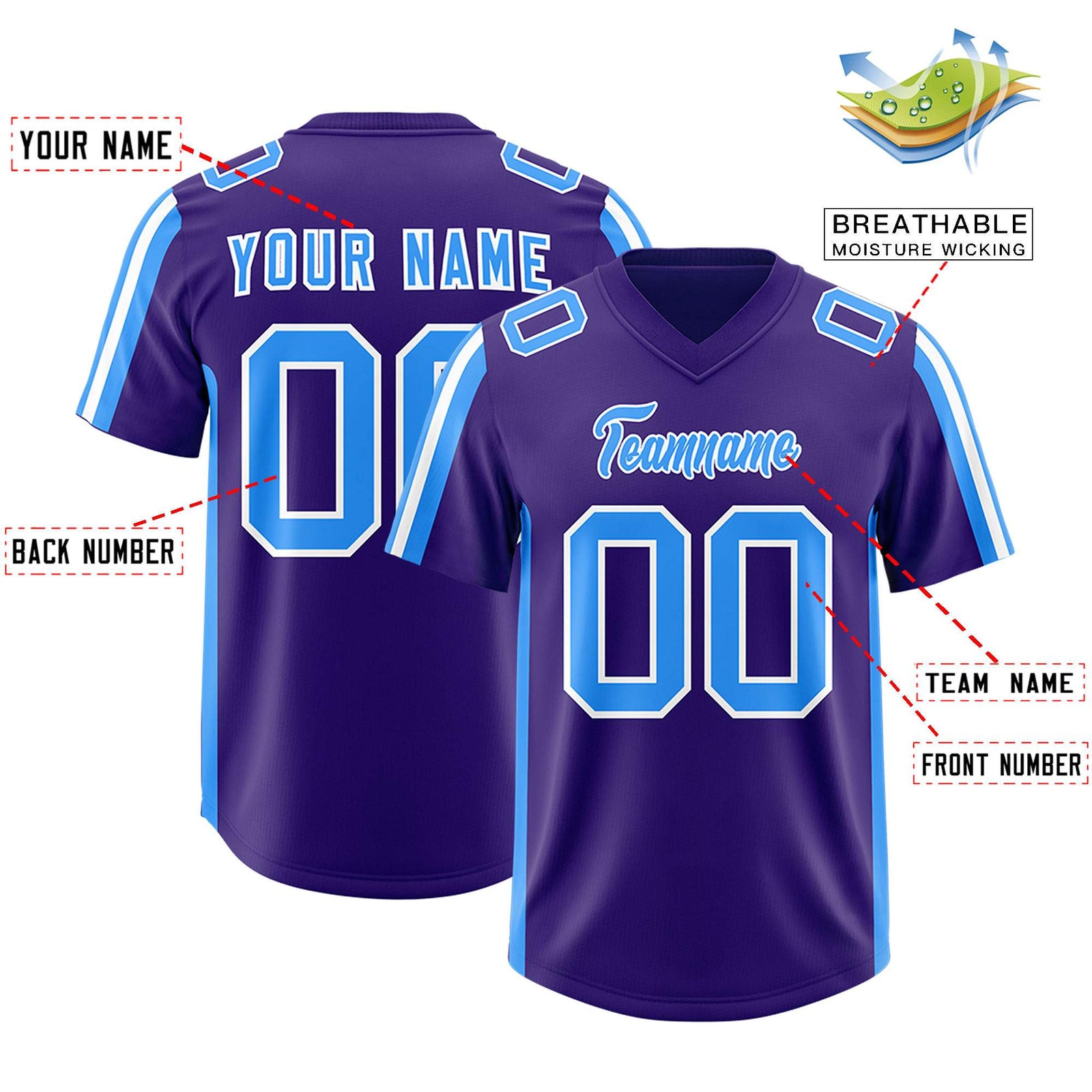 Custom Purple Light Blue and White Side Stripe Pattern Authentic Football Jersey