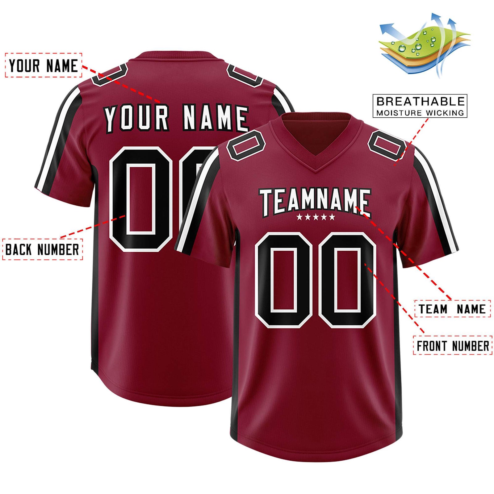 Custom Cardinal Black and White Side Stripe Pattern Authentic Football Jersey