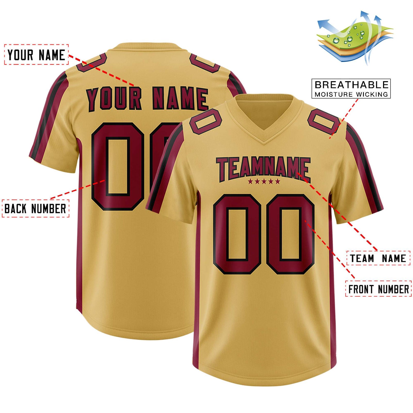 Custom Old Gold Cardinal and Black Side Stripe Pattern Authentic Football Jersey