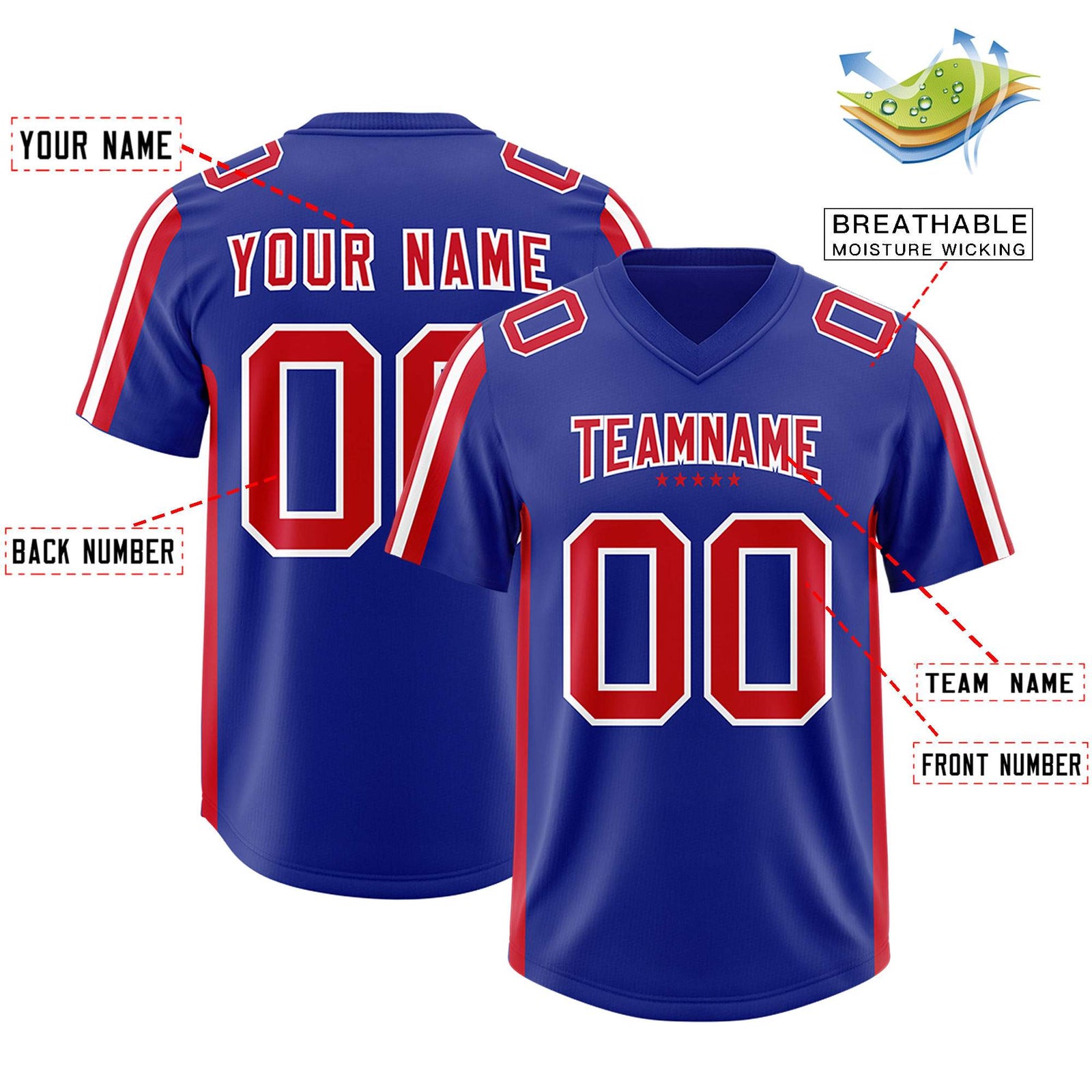 Custom Royal Red and White Side Stripe Pattern Authentic Football Jersey
