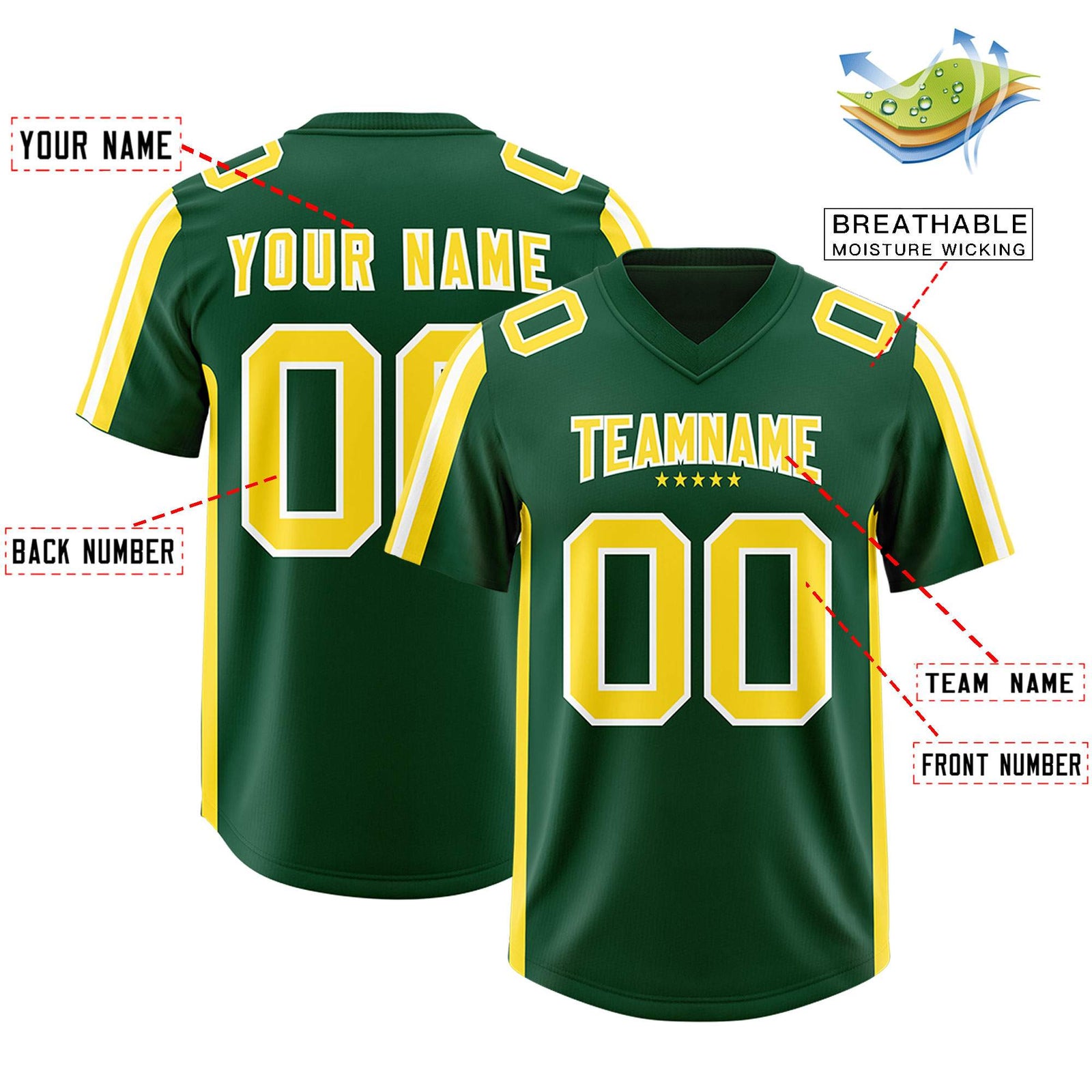 Custom Green Gold and White Side Stripe Pattern Authentic Football Jersey