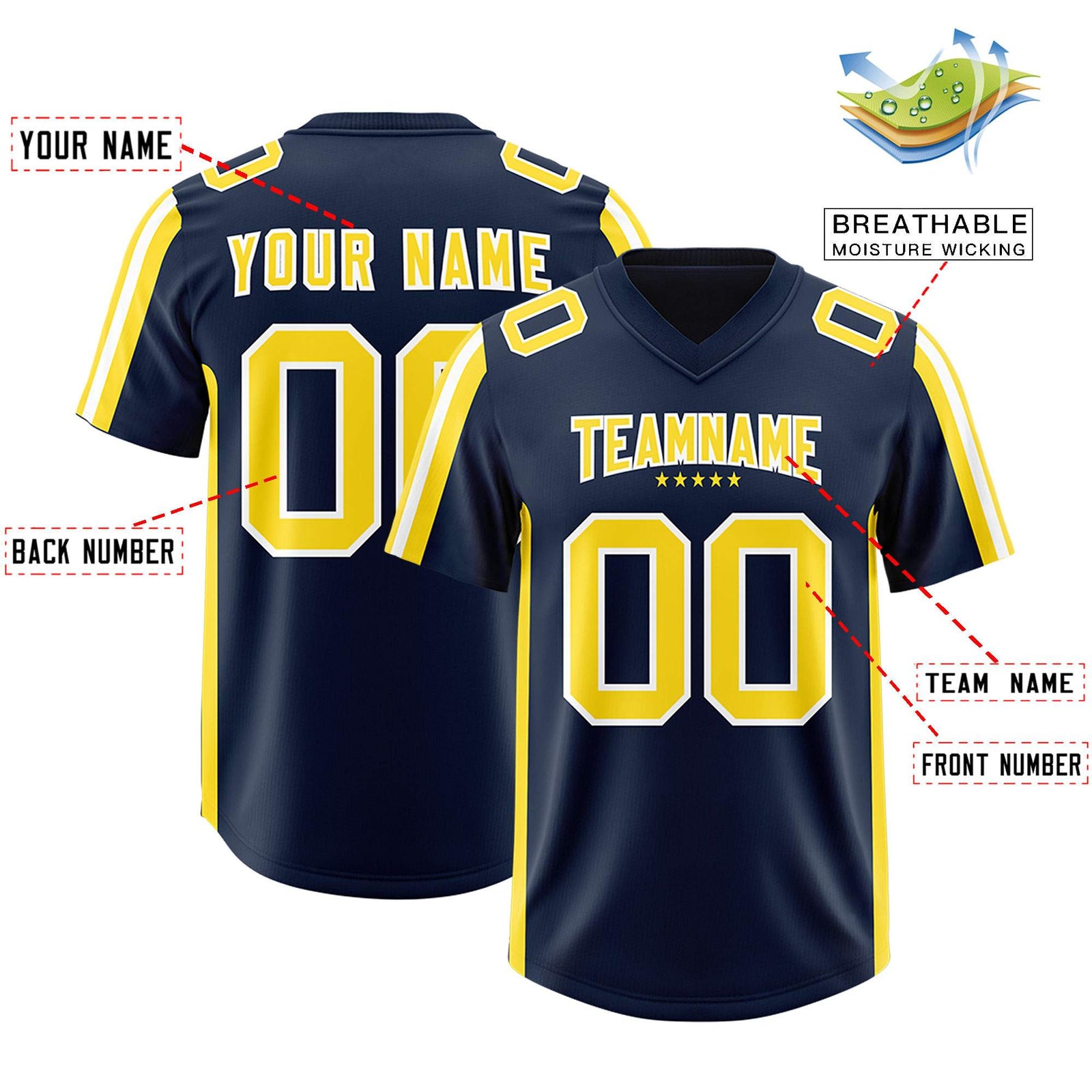 Custom Navy Gold and White Side Stripe Pattern Authentic Football Jersey