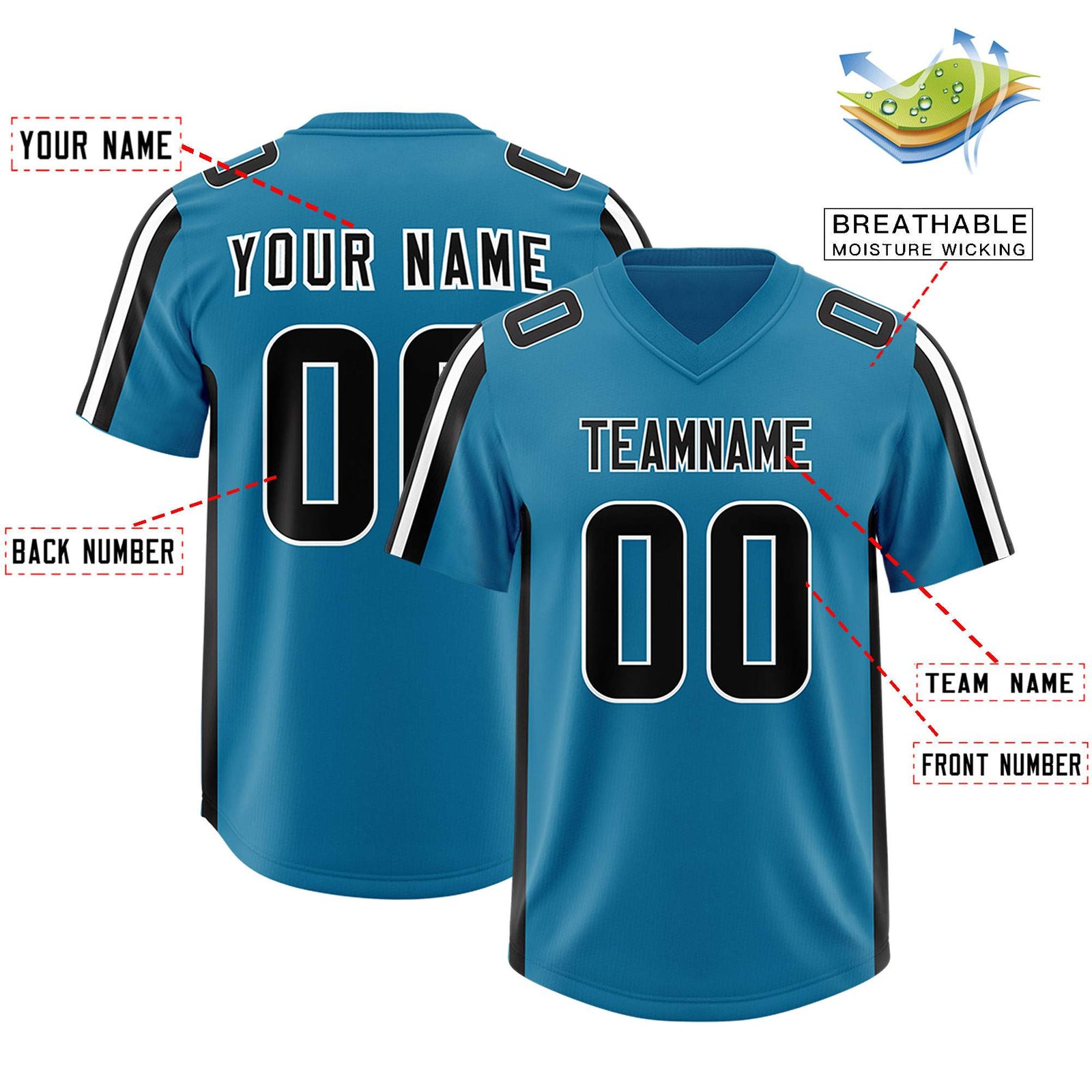 Custom Panther Blue Black and White Side Stripe Pattern Authentic Football Jersey