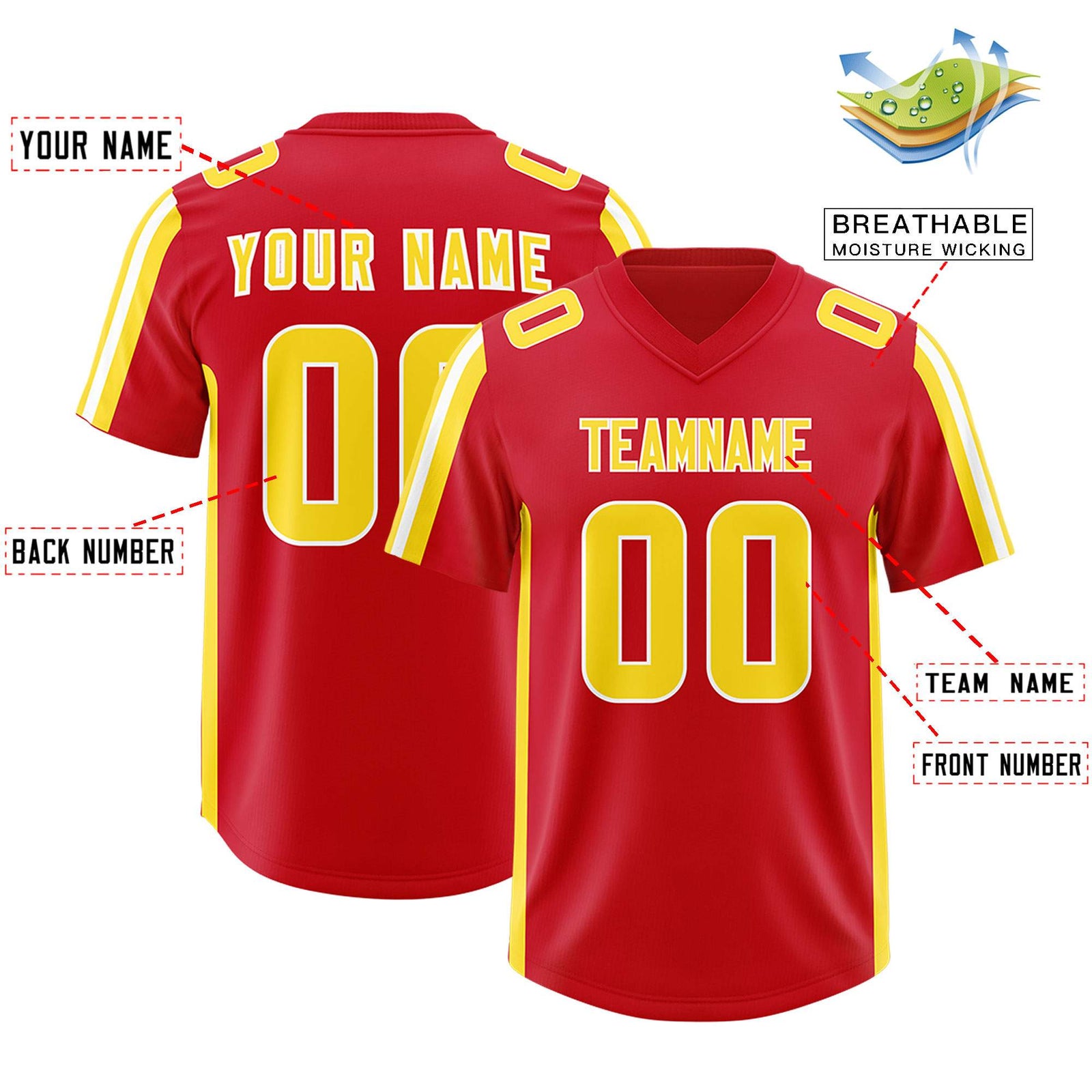 Custom Red Gold and White Side Stripe Pattern Authentic Football Jersey