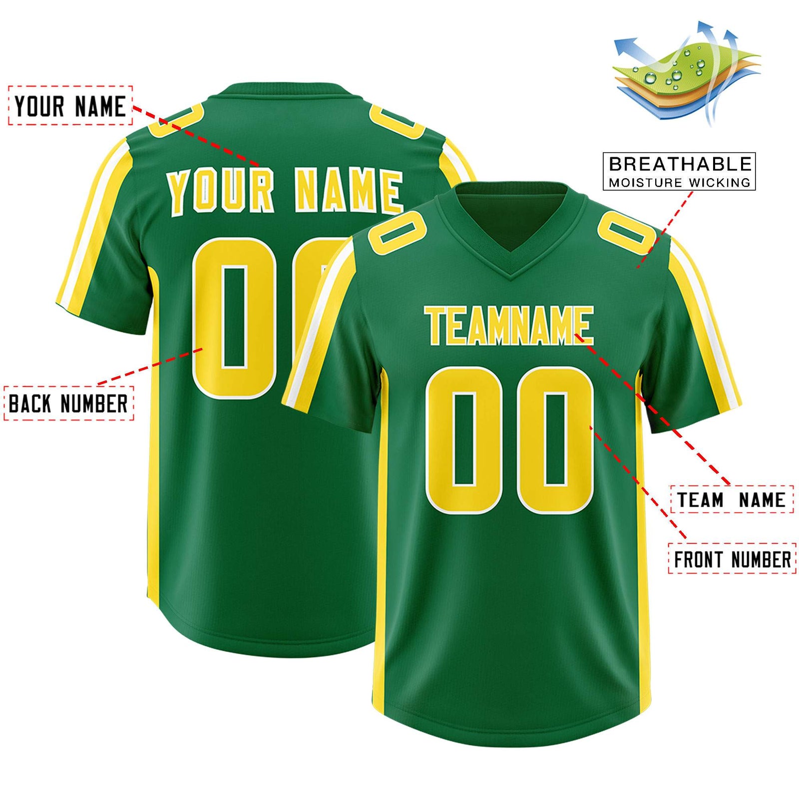 Custom Kelly Green Gold and White Side Stripe Pattern Authentic Football Jersey