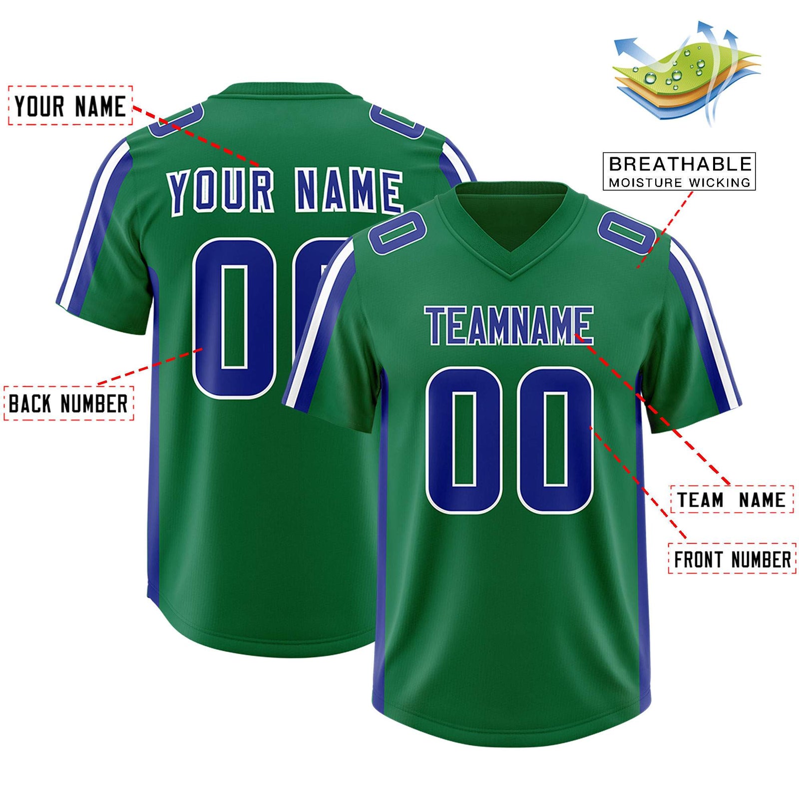 Custom Kelly Green Royal and White Side Stripe Pattern Authentic Football Jersey