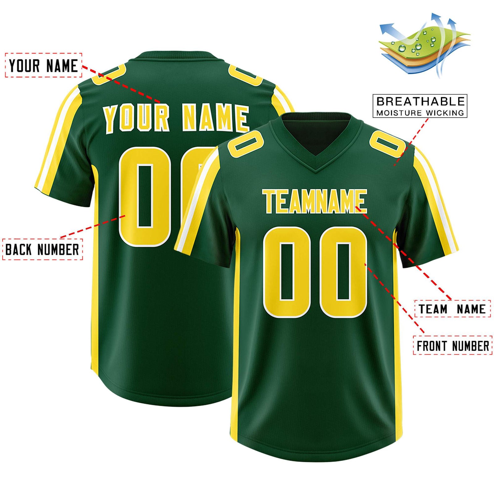 Custom Green Gold and White Side Stripe Pattern Authentic Football Jersey