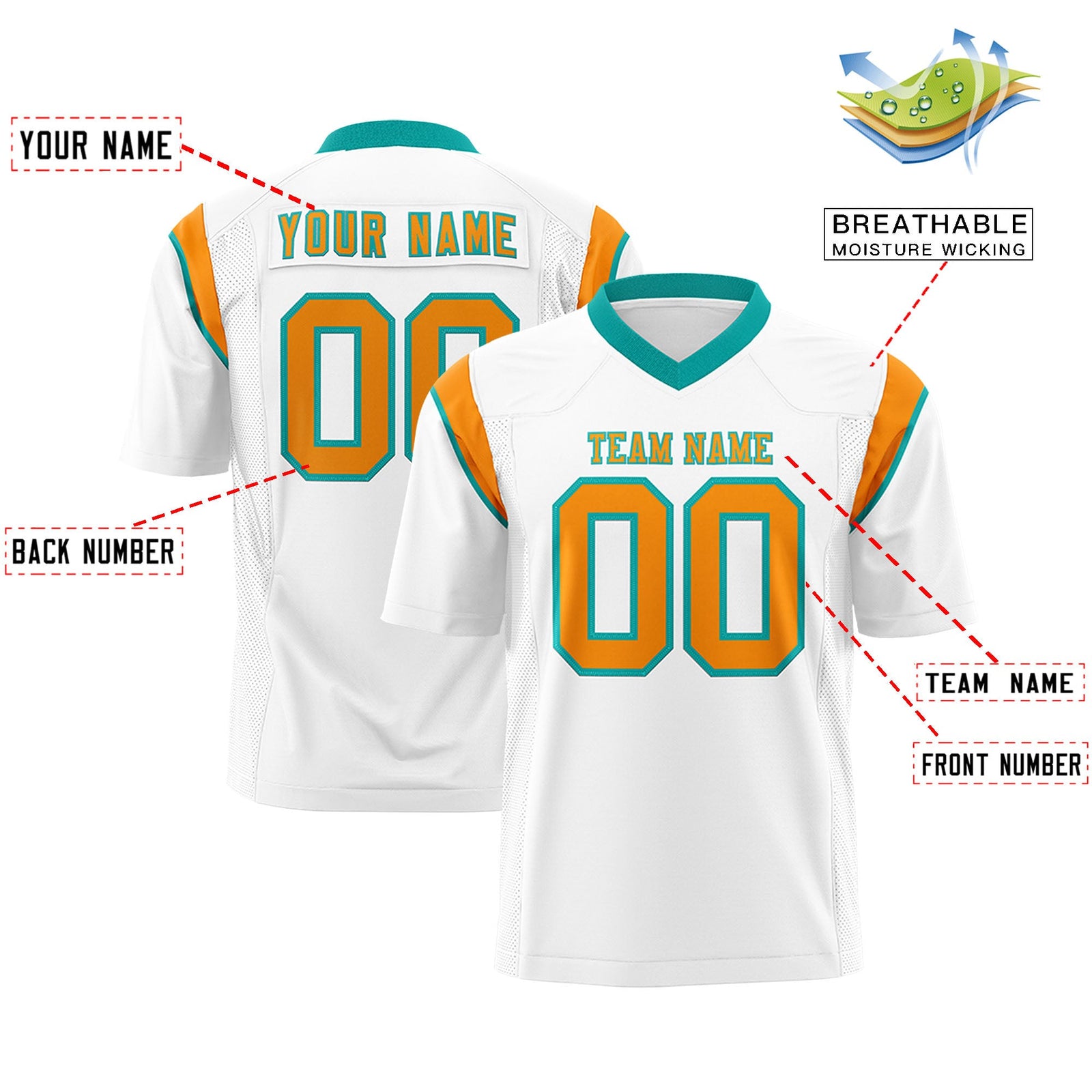 Custom Flag Football Jersey | White Gold Orange Color Block For Youth & Men | Add Name, Number & Logo | KXKSHOP