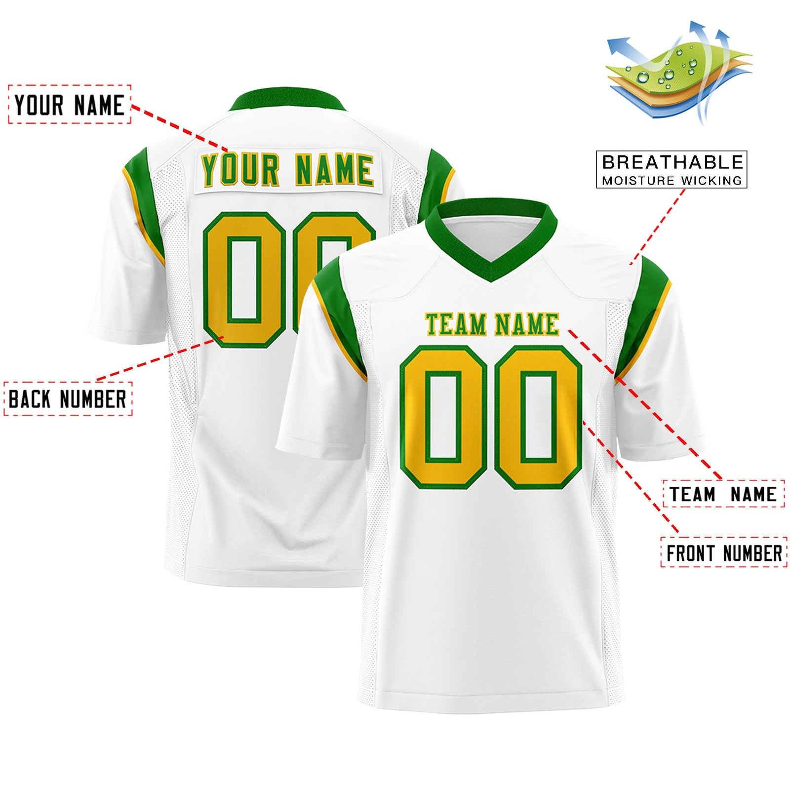 Custom Flag Football Jersey | White Kelly Green Color Block For Youth & Men | Add Name, Number & Logo | KXKSHOP