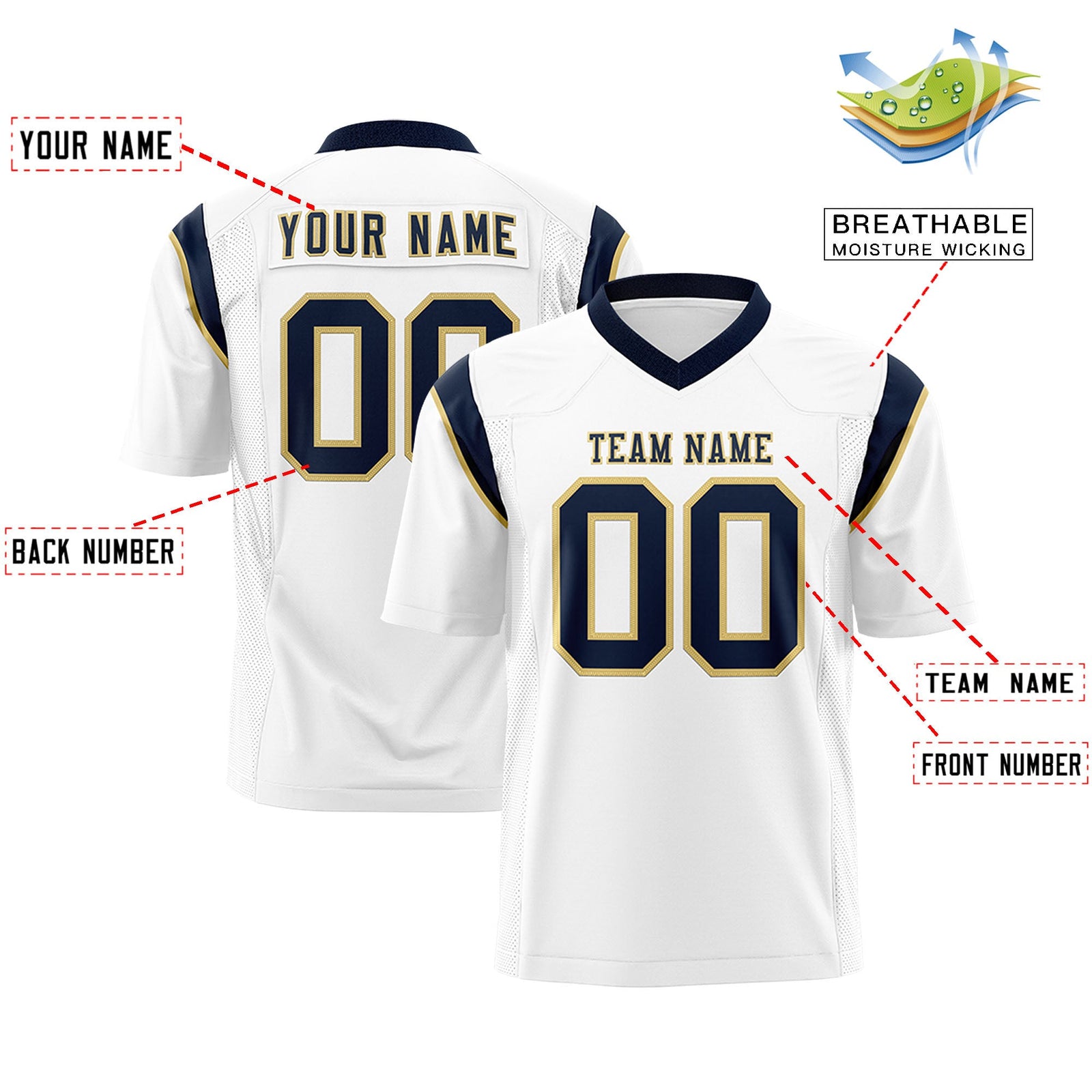 Custom Flag Football Jersey | White Navy Color Block For Youth & Men | Add Name, Number & Logo | KXKSHOP