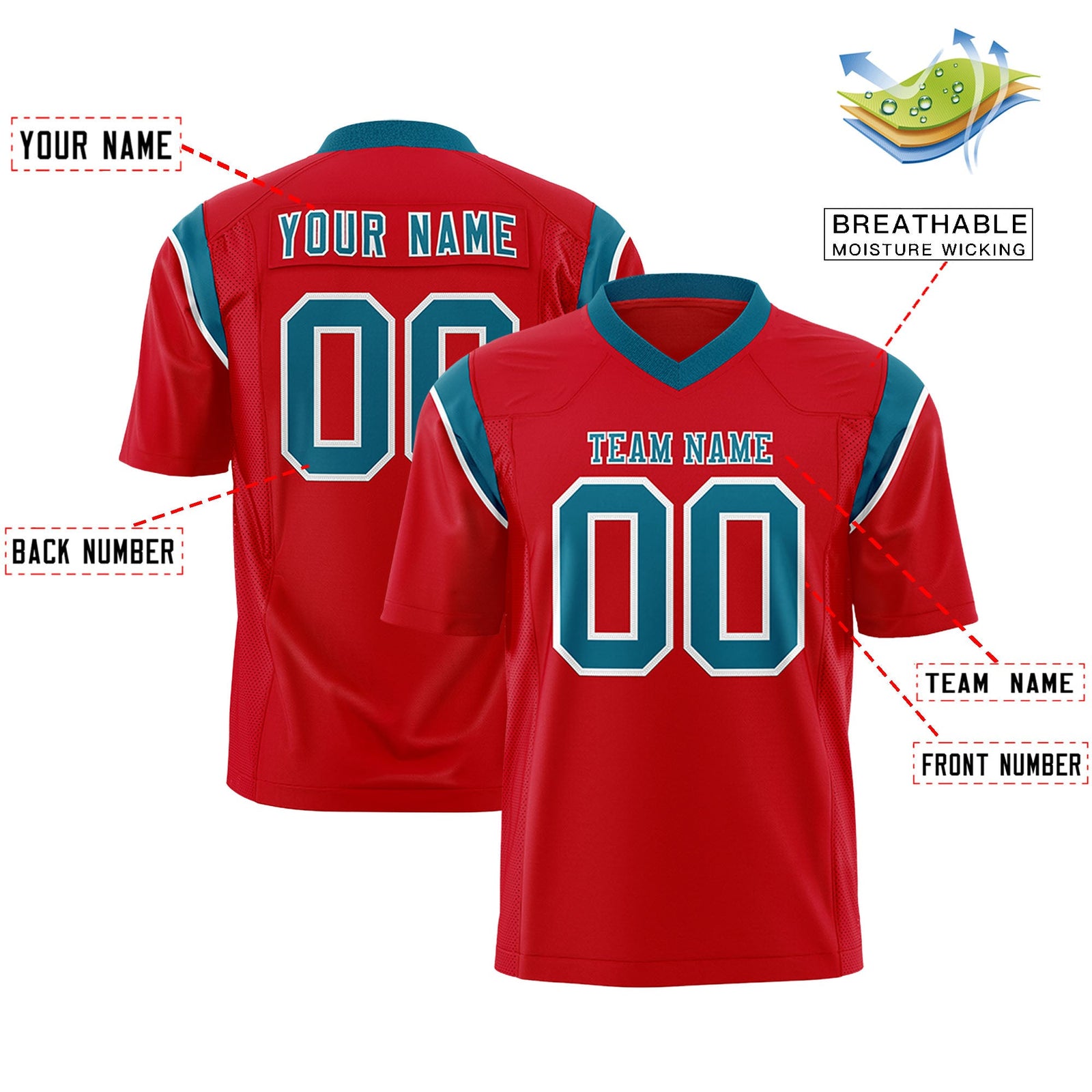 Custom Flag Football Jersey | Red Aqua Color Block For Youth & Men | Add Name, Number & Logo | KXKSHOP