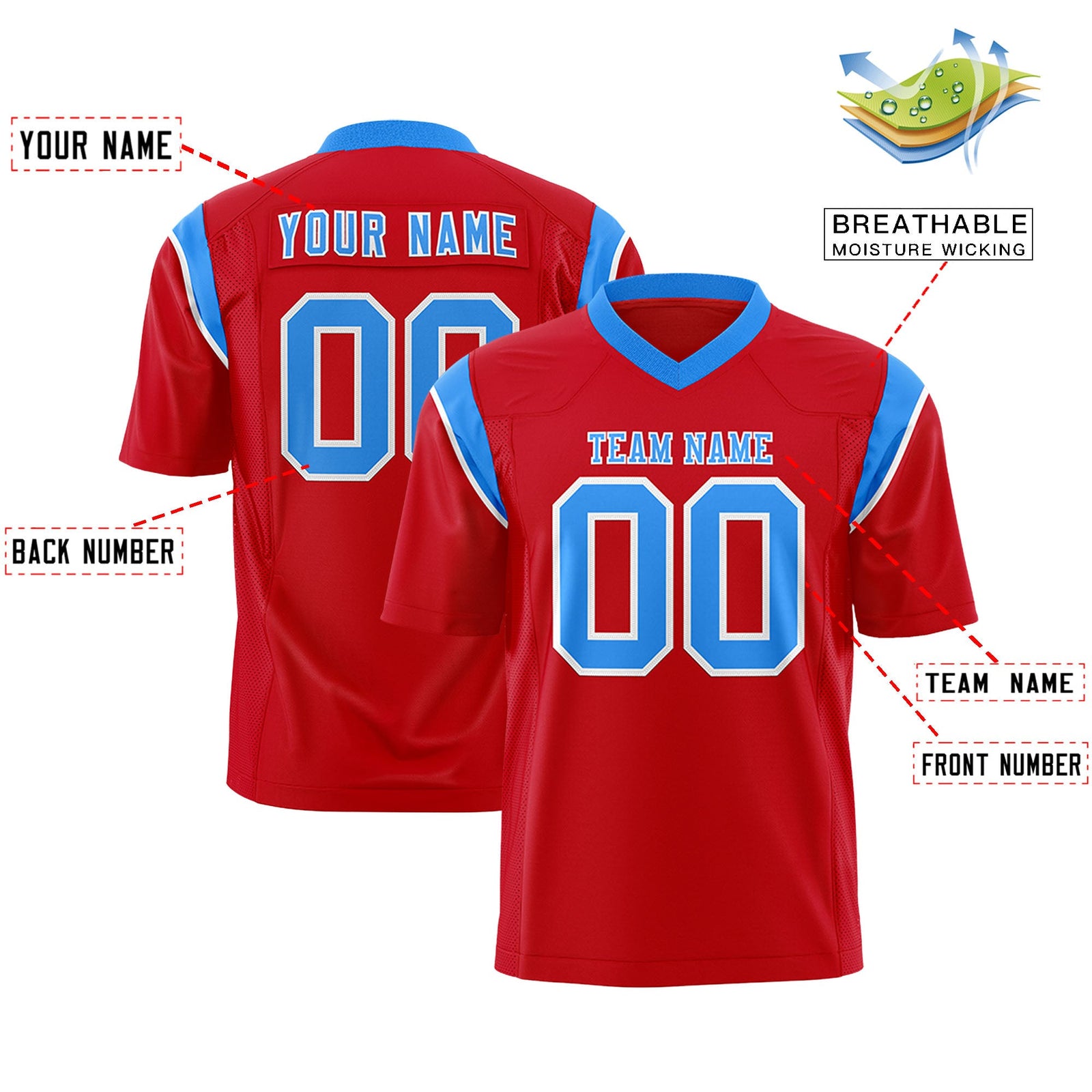 Custom Flag Football Jersey | Red Light Blue Color Block For Youth & Men | Add Name, Number & Logo | KXKSHOP