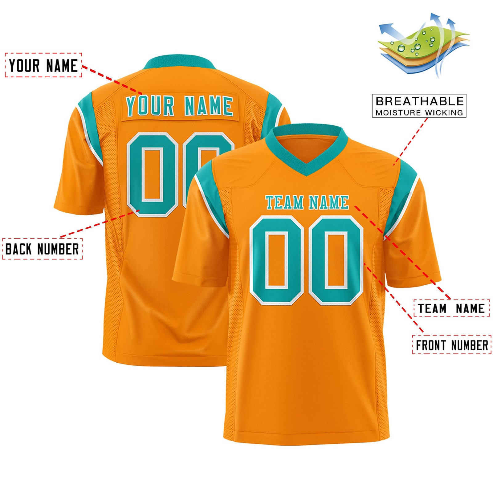 Custom Flag Football Jersey | Gold Orange Bright Green Color Block For Youth & Men | Add Name, Number & Logo | KXKSHOP