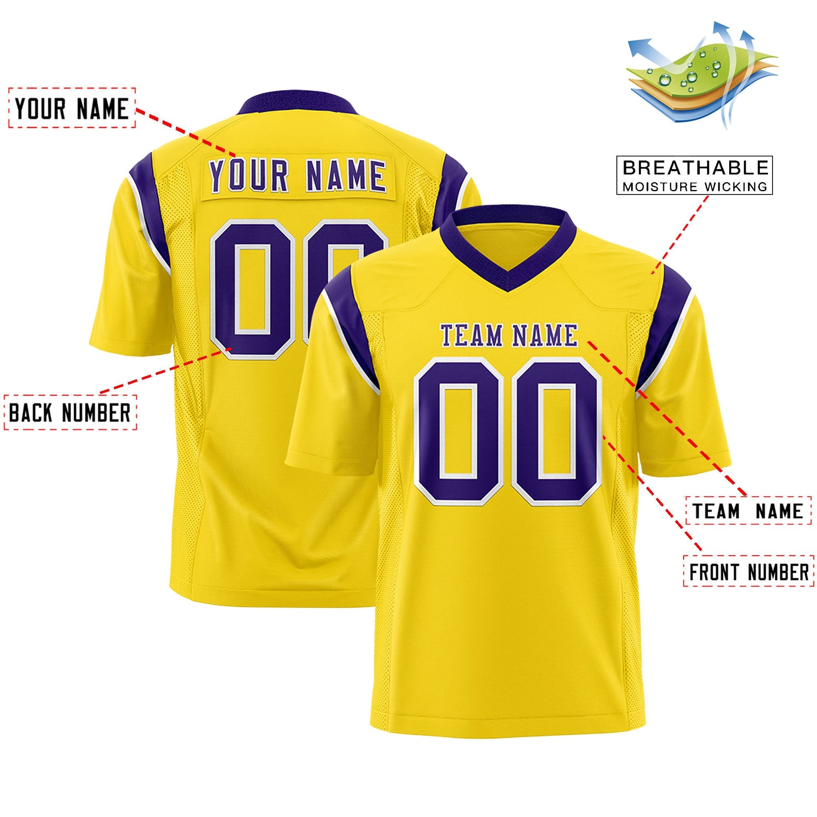 Custom Flag Football Jersey | Gold Purple Color Block For Youth & Men | Add Name, Number & Logo | KXKSHOP
