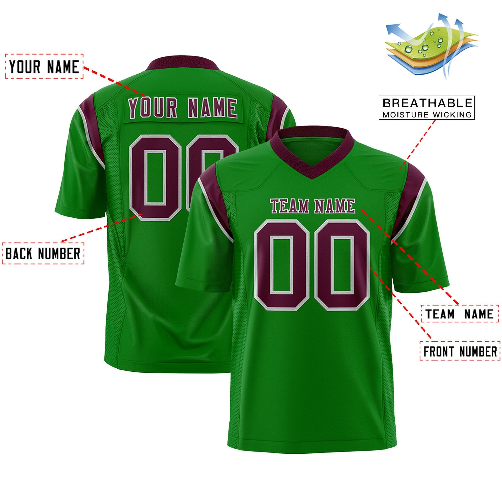 Custom Flag Football Jersey | Kelly Green Burgundy Color Block For Youth & Men | Add Name, Number & Logo | KXKSHOP