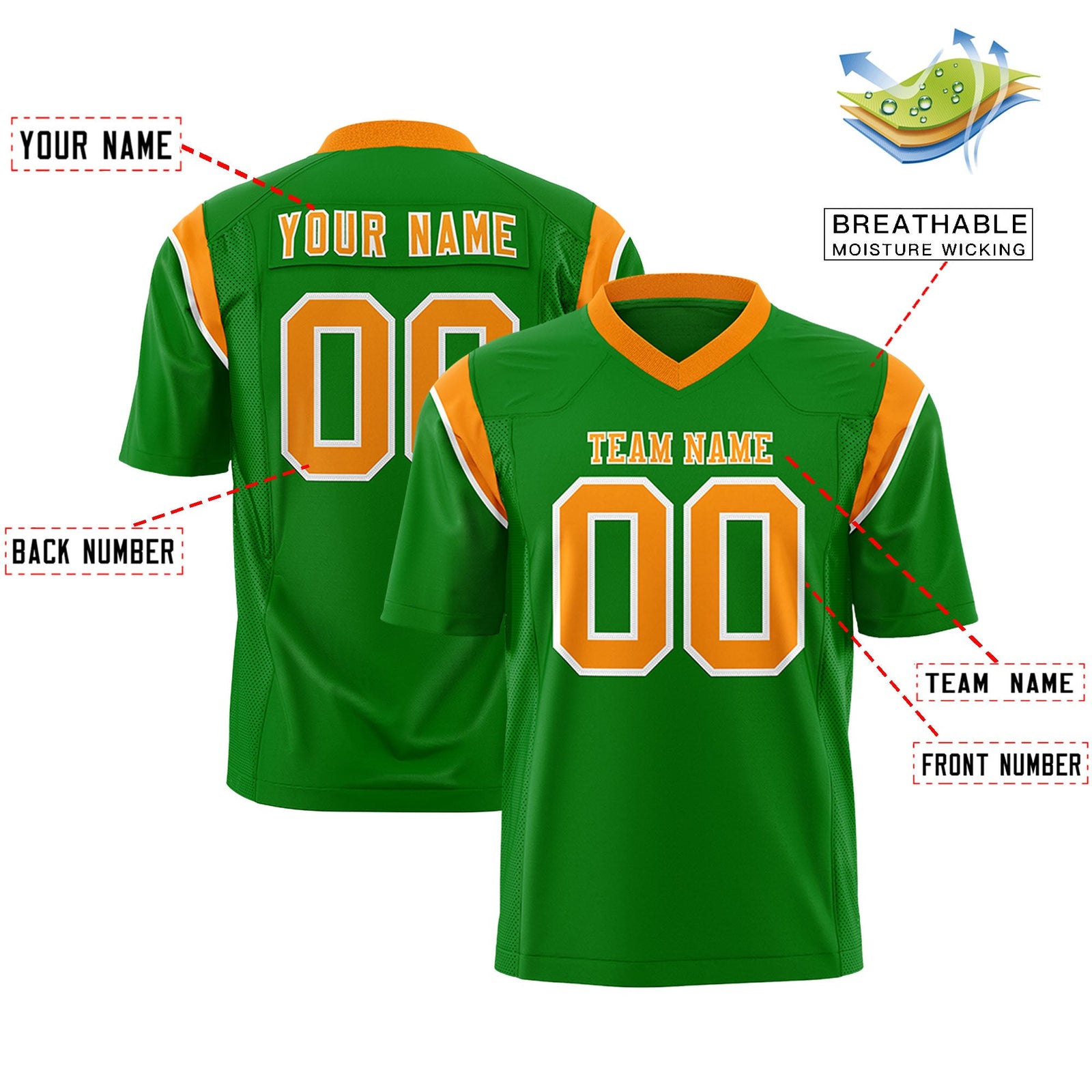 Custom Flag Football Jersey | Kelly Green Gold Orange Color Block For Youth & Men | Add Name, Number & Logo | KXKSHOP