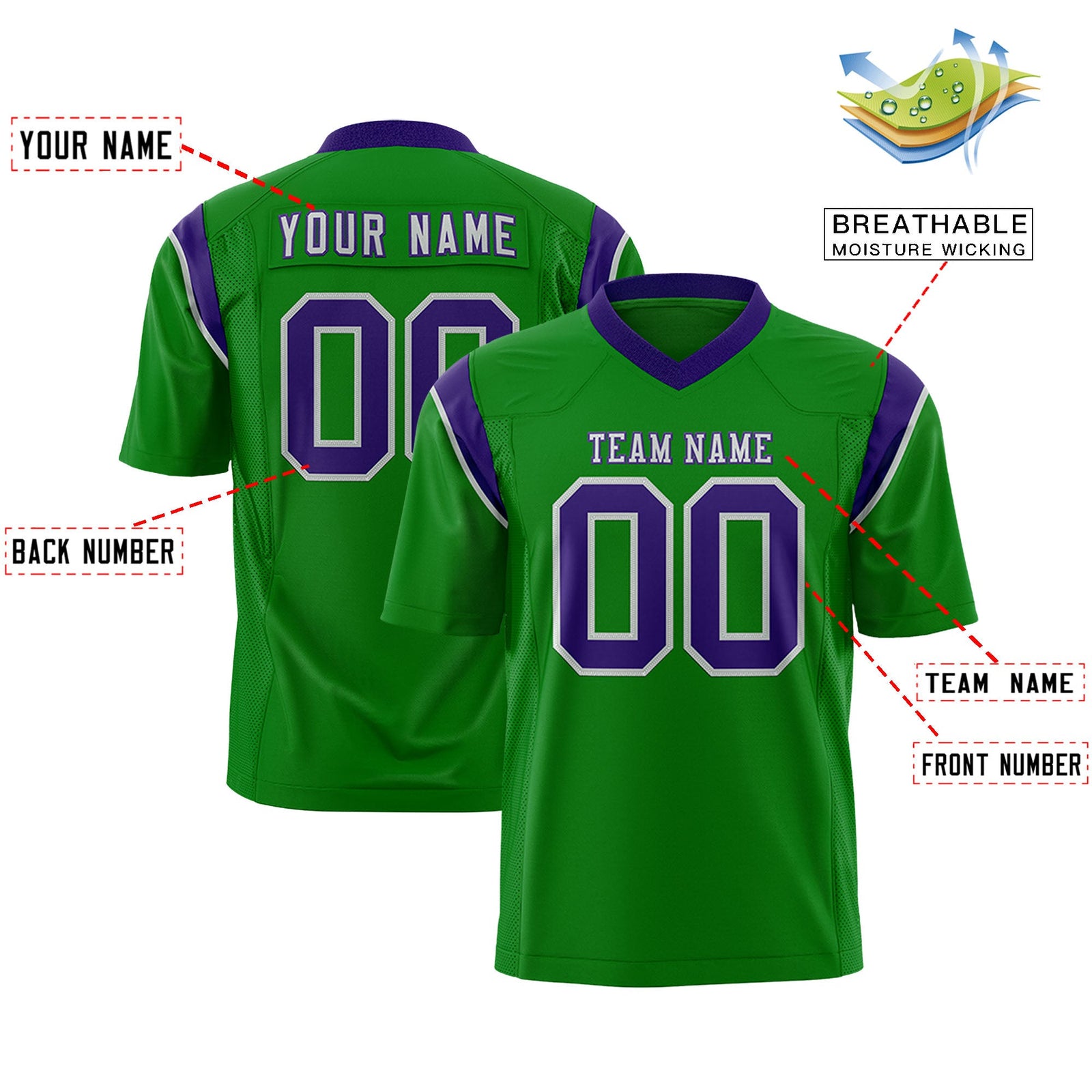 Custom Flag Football Jersey | Kelly Green Purple Color Block For Youth & Men | Add Name, Number & Logo | KXKSHOP
