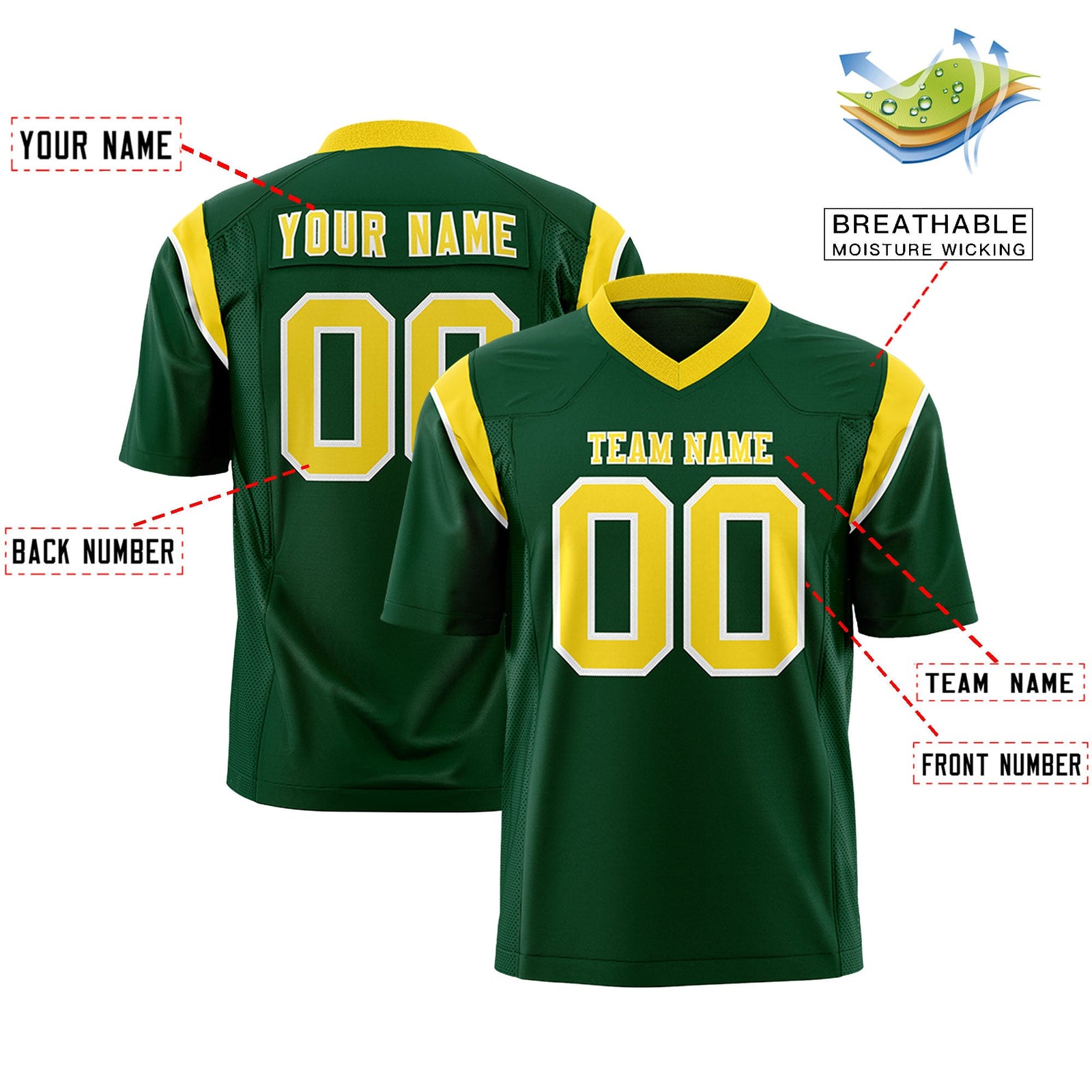 Custom Flag Football Jersey | Green Gold Color Block For Youth & Men | Add Name, Number & Logo | KXKSHOP
