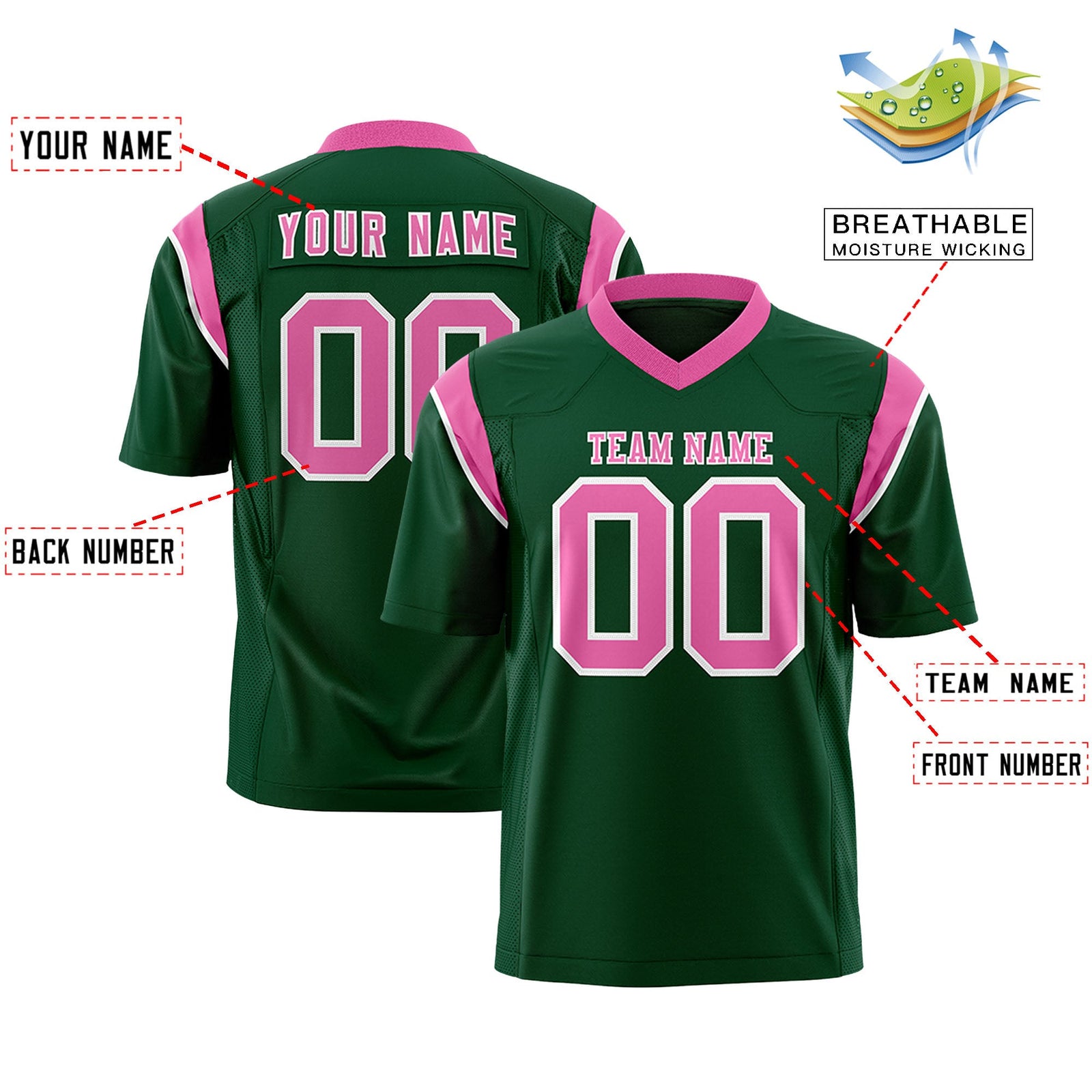 Custom Flag Football Jersey | Green Pink Color Block For Youth & Men | Add Name, Number & Logo | KXKSHOP