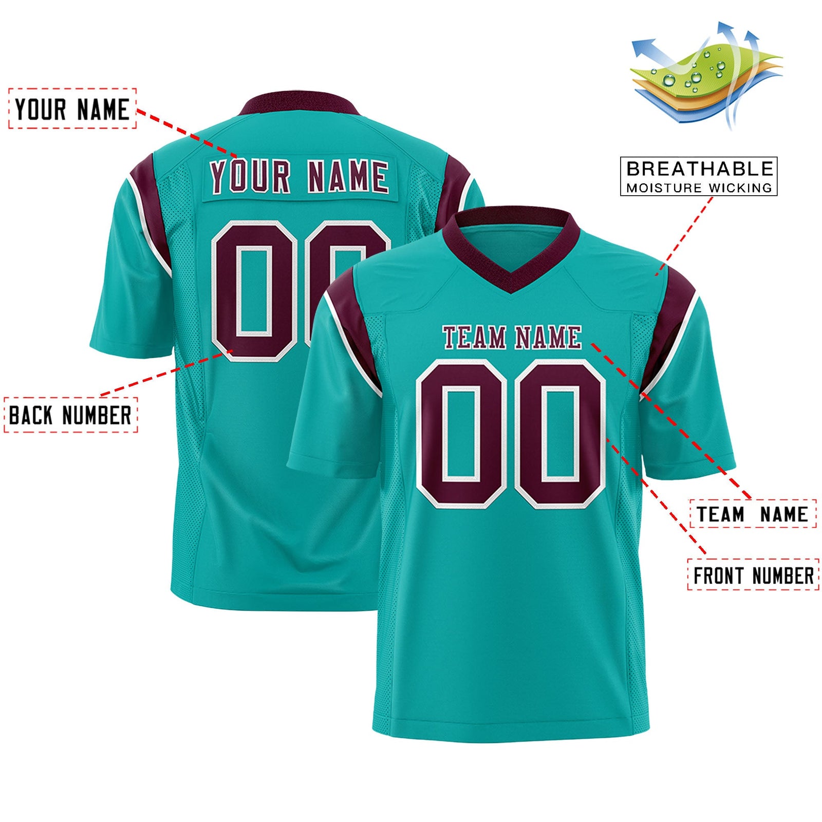 Custom Flag Football Jersey | Aqua Crimson Color Block For Youth & Men | Add Name, Number & Logo | KXKSHOP