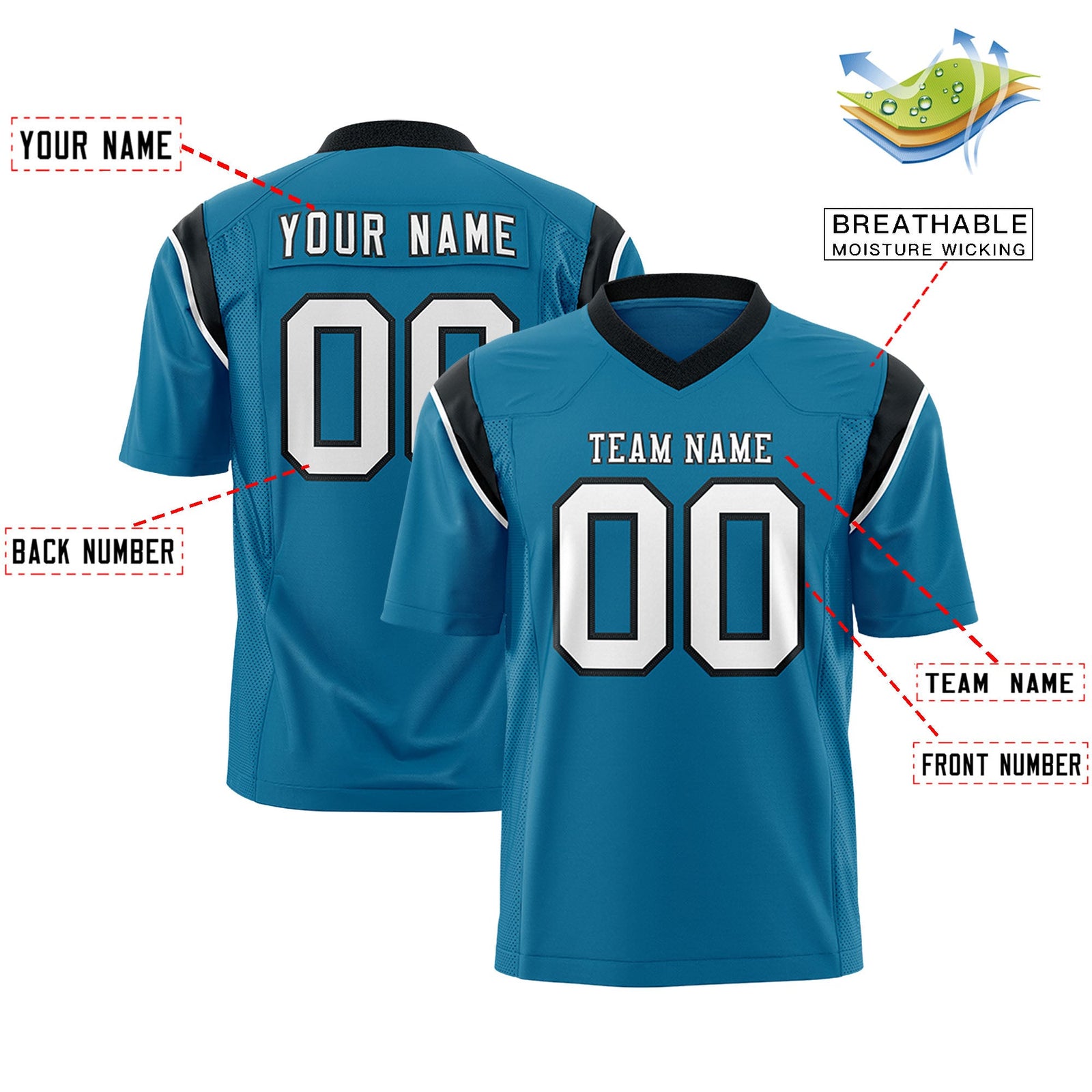 Custom Flag Football Jersey | Aqua Black Color Block For Youth & Men | Add Name, Number & Logo | KXKSHOP