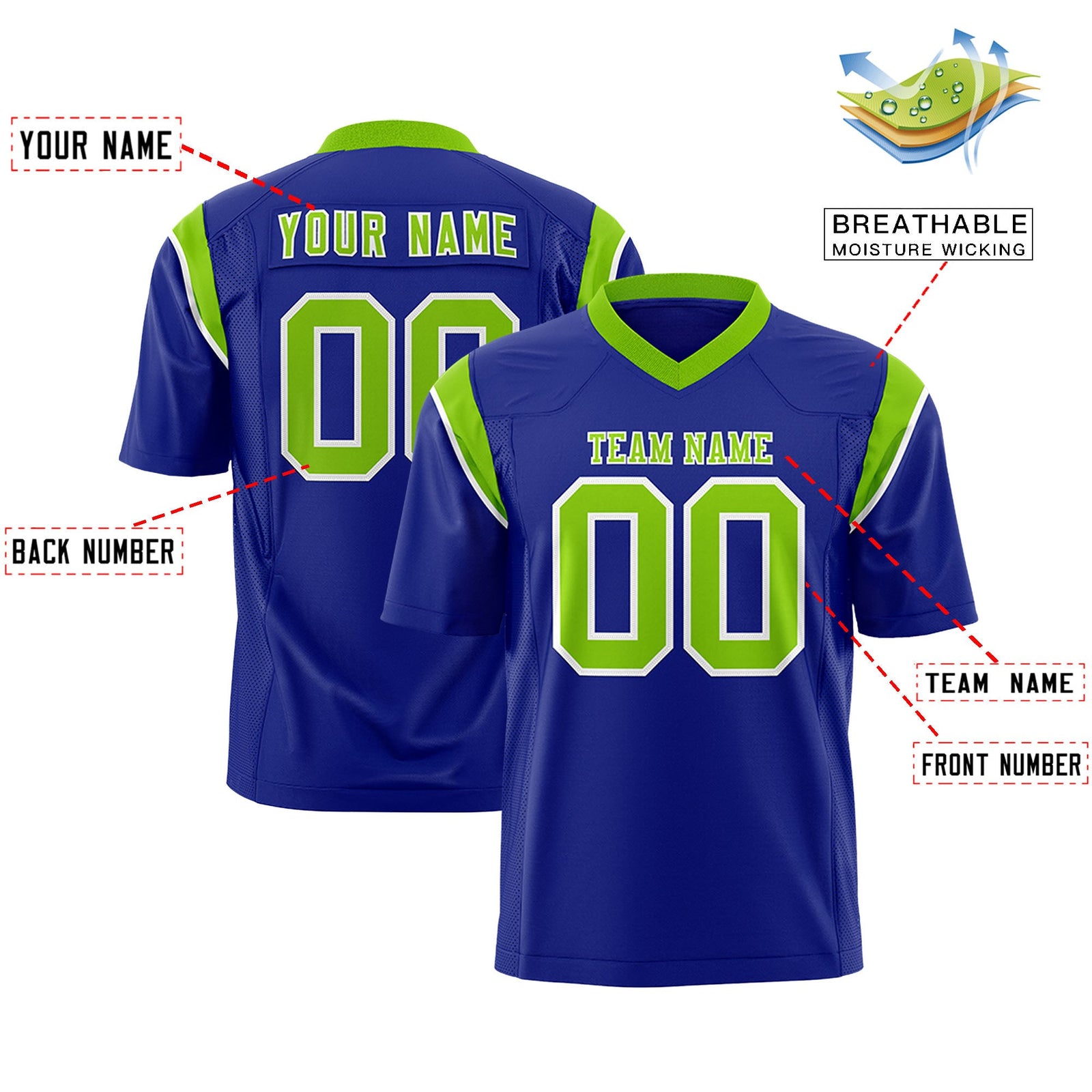 Custom Flag Football Jersey | Royal Neon Green Color Block For Youth & Men | Add Name, Number & Logo | KXKSHOP