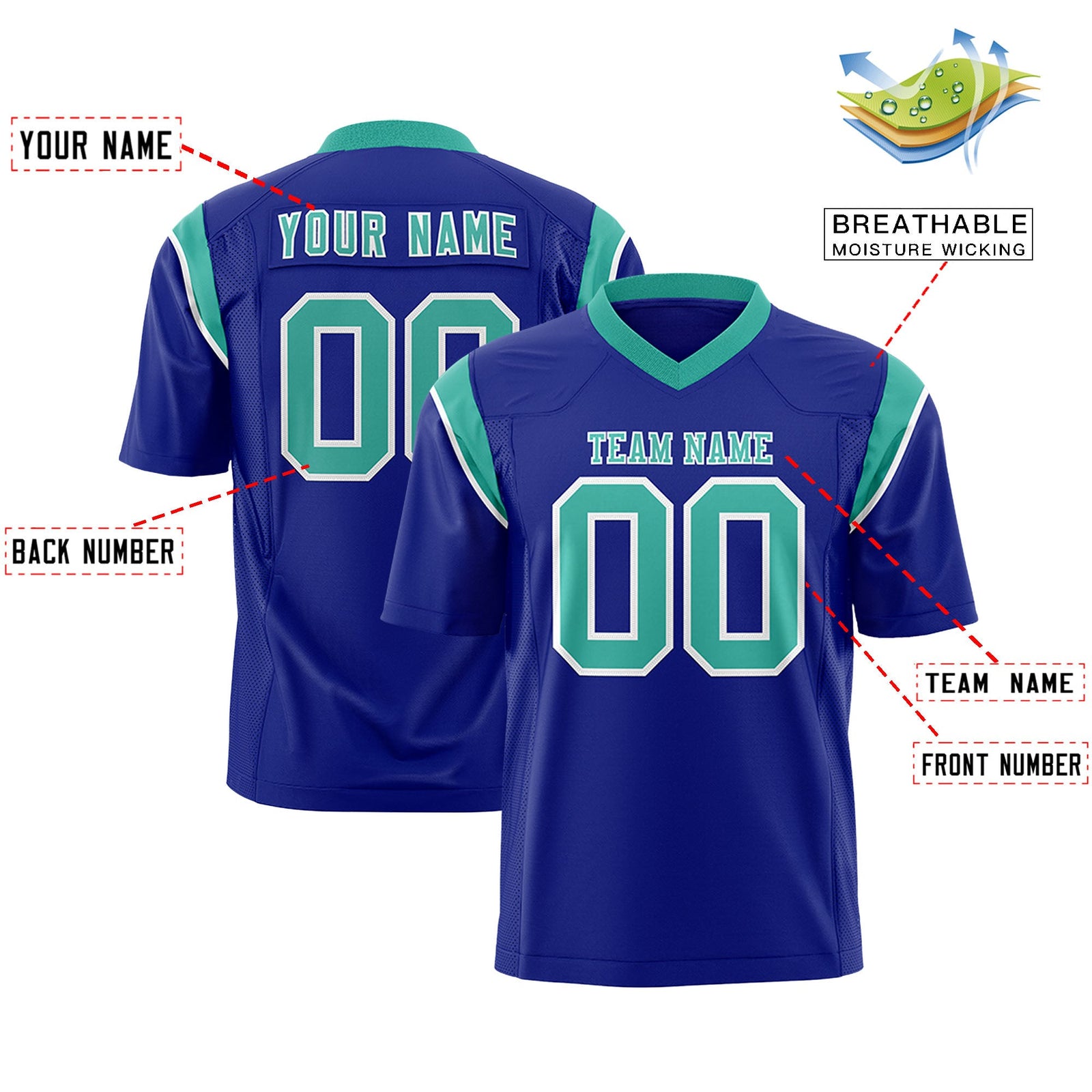Custom Flag Football Jersey | Royal Aqua Color Block For Youth & Men | Add Name, Number & Logo | KXKSHOP