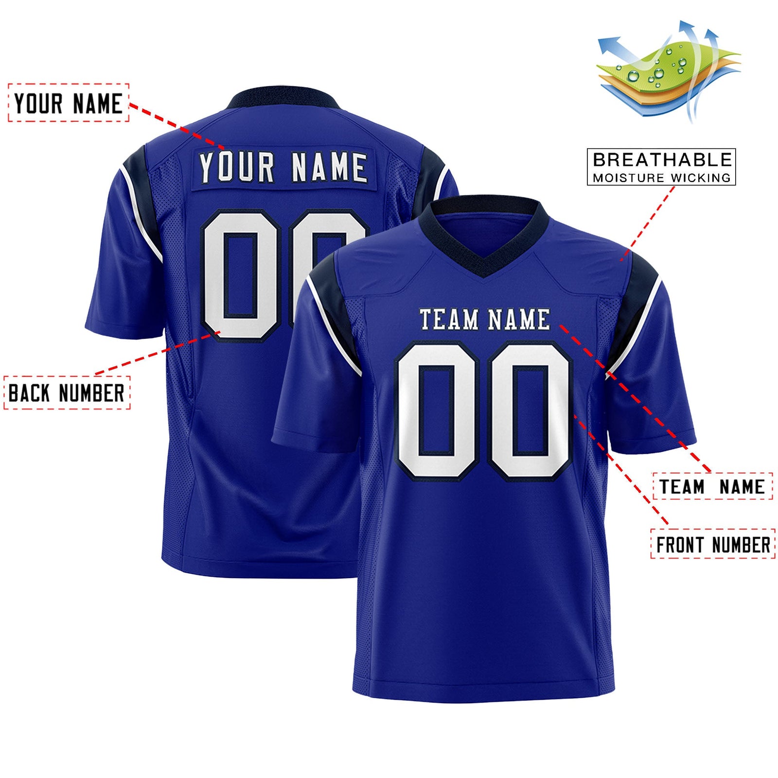 Custom Flag Football Jersey | Royal Black Color Block For Youth & Men | Add Name, Number & Logo | KXKSHOP