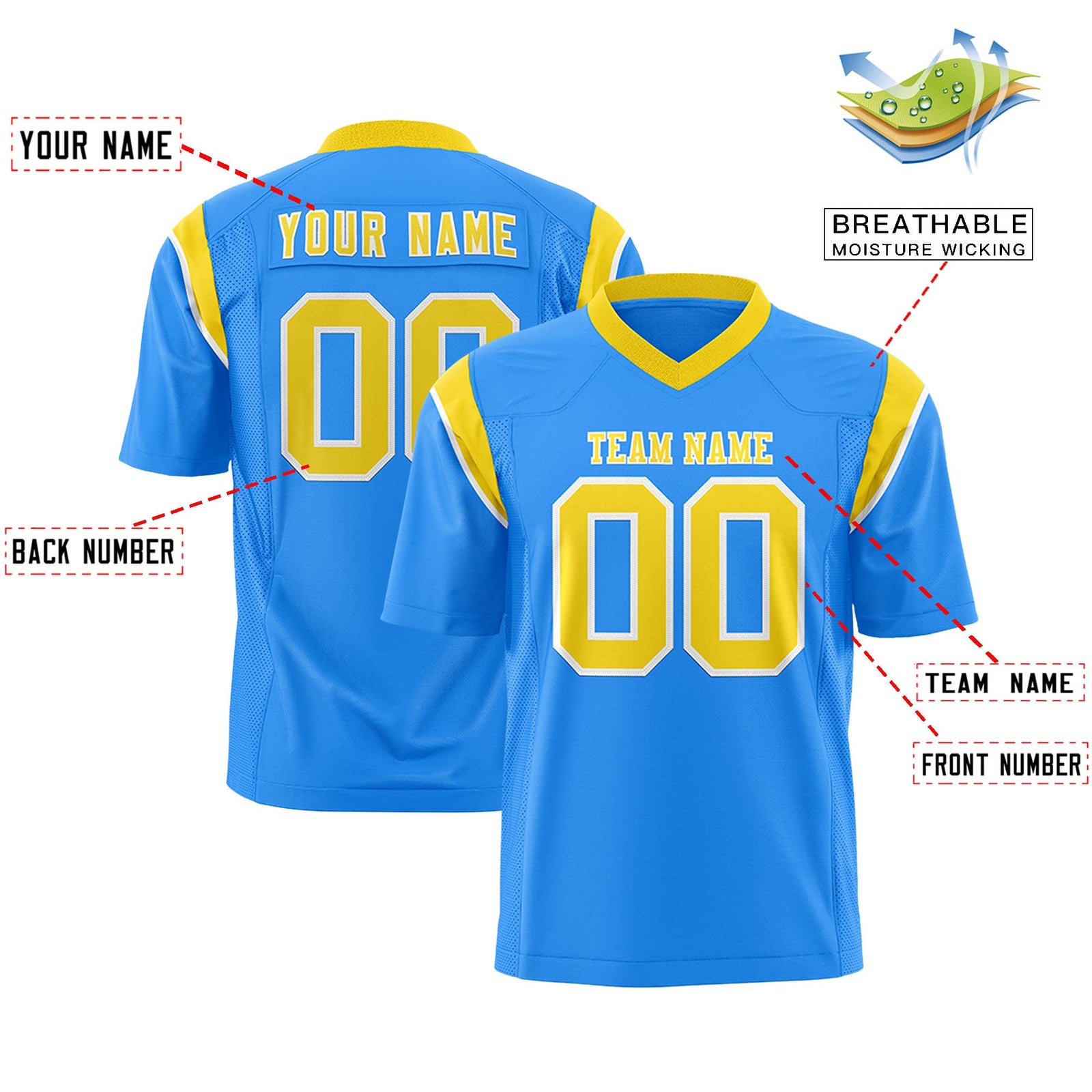 Custom Flag Football Jersey | Powder Blue Gold Color Block For Youth & Men | Add Name, Number & Logo | KXKSHOP
