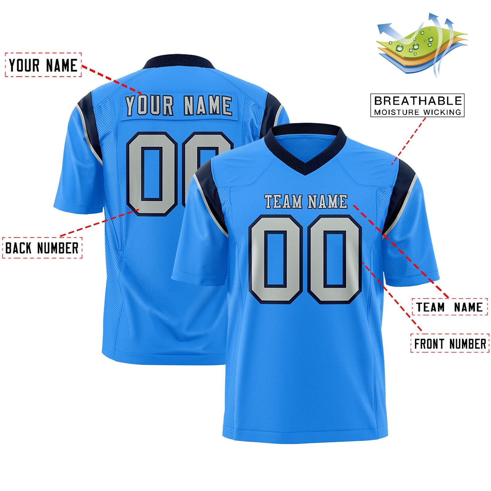 Custom Flag Football Jersey | Powder Blue Gray Color Block For Youth & Men | Add Name, Number & Logo | KXKSHOP