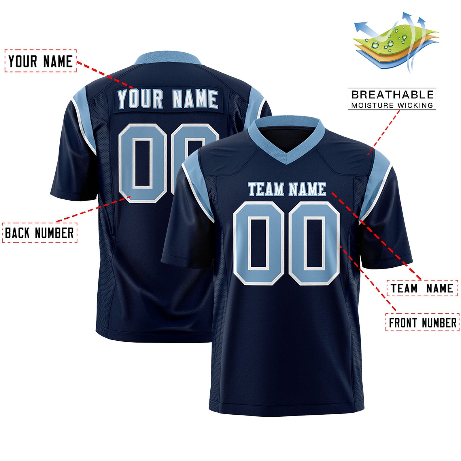 Custom Flag Football Jersey | Navy Powder Blue Color Block For Youth & Men | Add Name, Number & Logo | KXKSHOP
