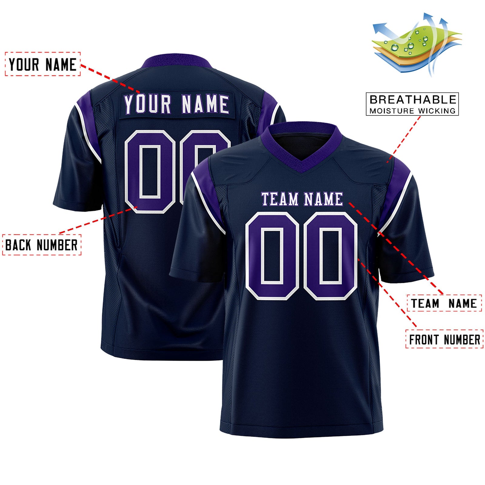 Custom Flag Football Jersey | Navy Purple Color Block For Youth & Men | Add Name, Number & Logo | KXKSHOP