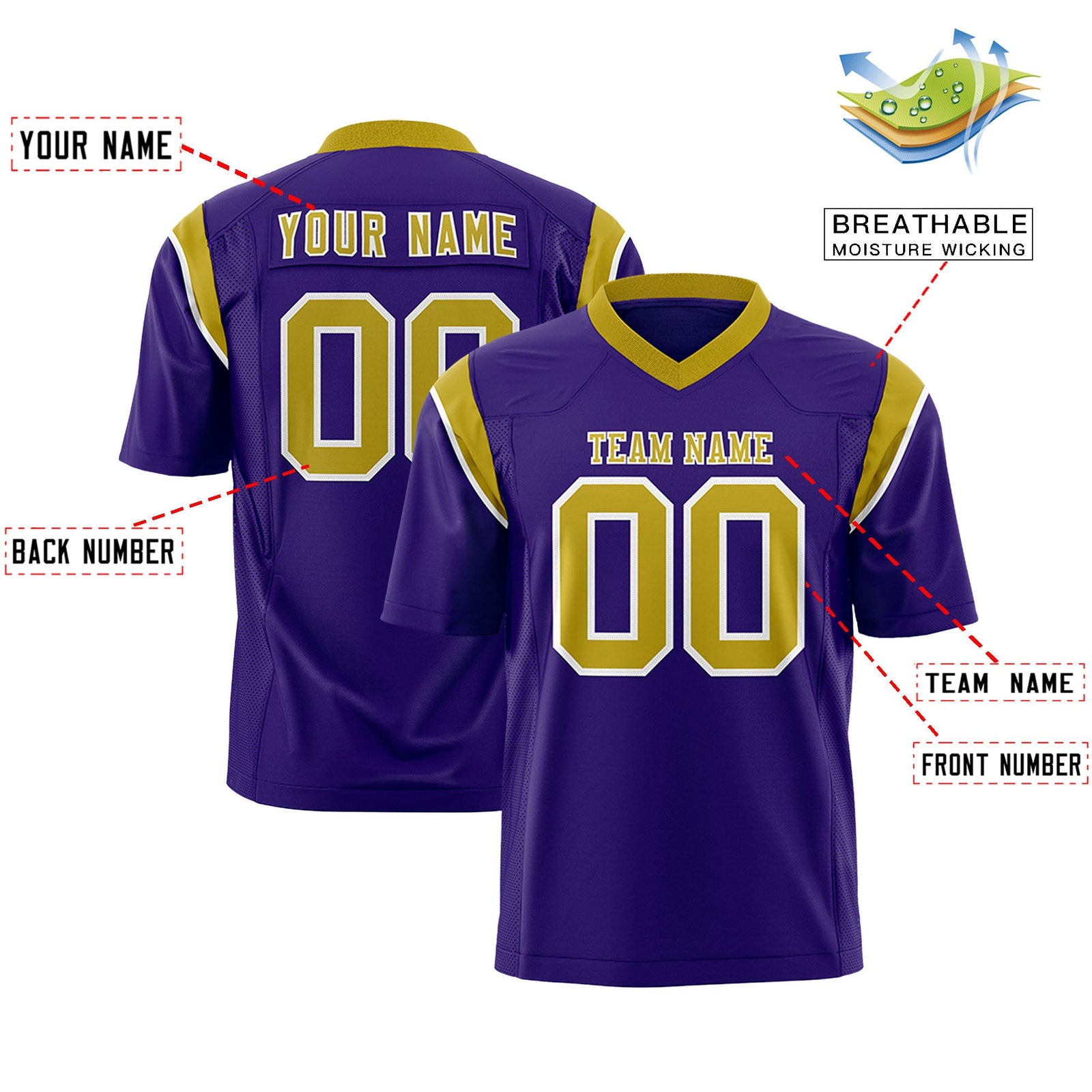 Custom Flag Football Jersey | Purple Old Gold Color Block For Youth & Men | Add Name, Number & Logo | KXKSHOP