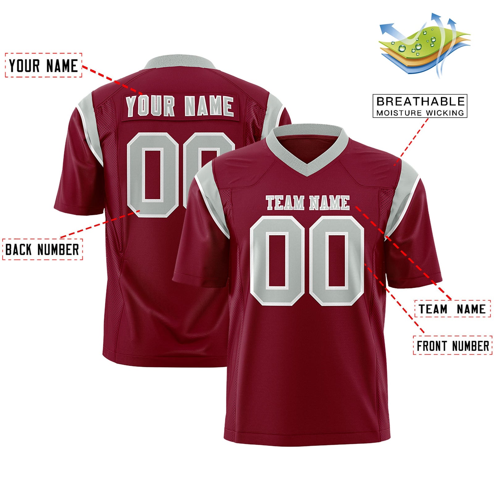 Custom Flag Football Jersey | Cardinal Gray Color Block For Youth & Men | Add Name, Number & Logo | KXKSHOP