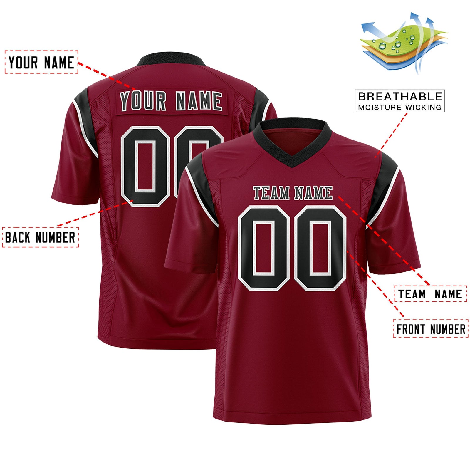 Custom Flag Football Jersey | Cardinal Black Color Block For Youth & Men | Add Name, Number & Logo | KXKSHOP