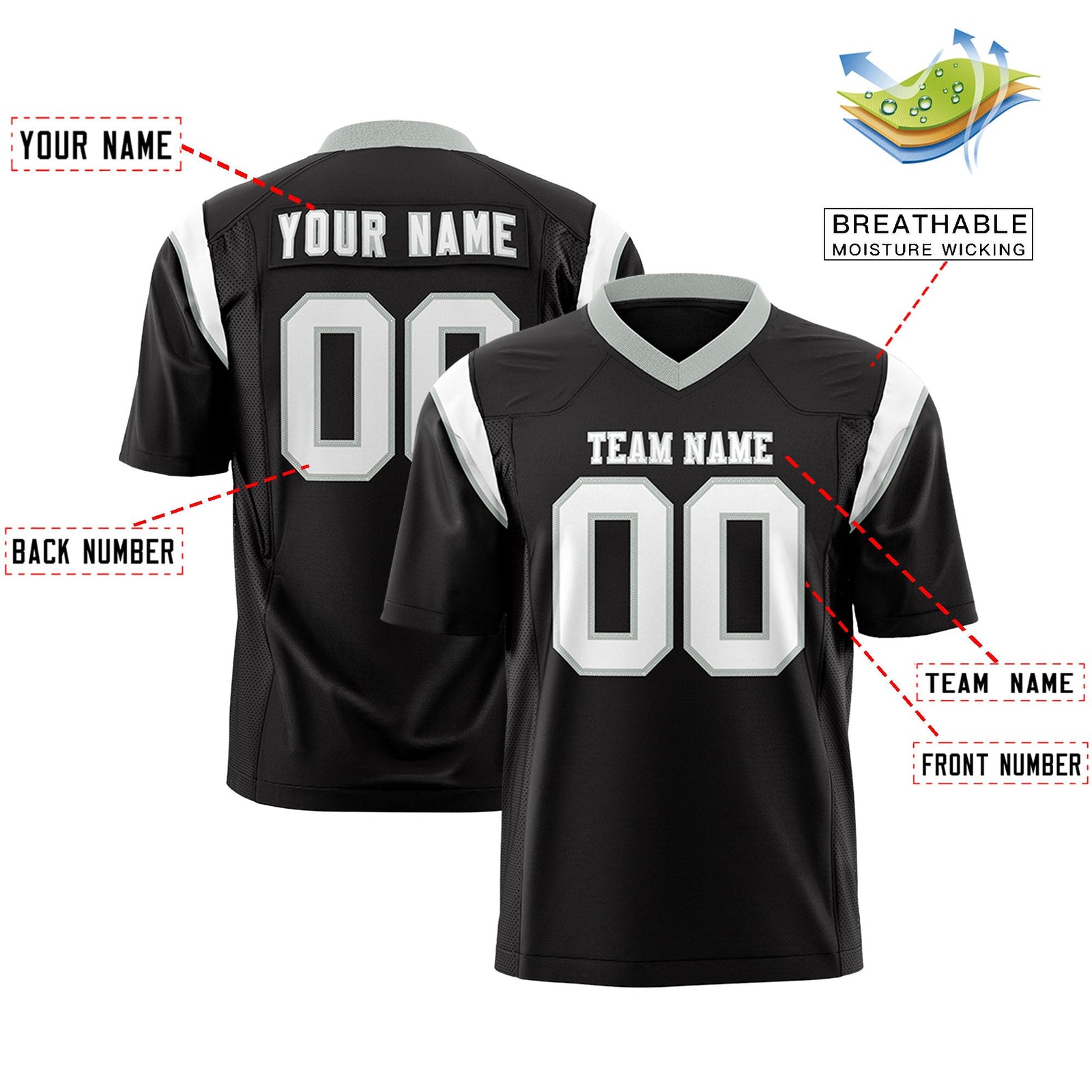 Custom Flag Football Jersey | Black White Color Block For Youth & Men | Add Name, Number & Logo | KXKSHOP