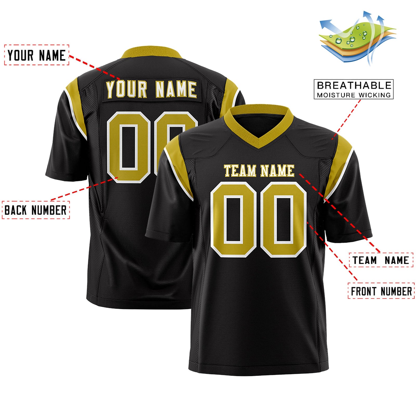 Custom Flag Football Jersey | Black Old Gold Color Block For Youth & Men | Add Name, Number & Logo | KXKSHOP