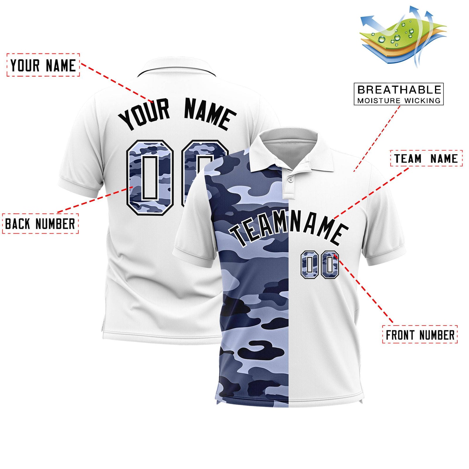 Custom White Camo Split Fashion Authentic Performance Polo Shirt