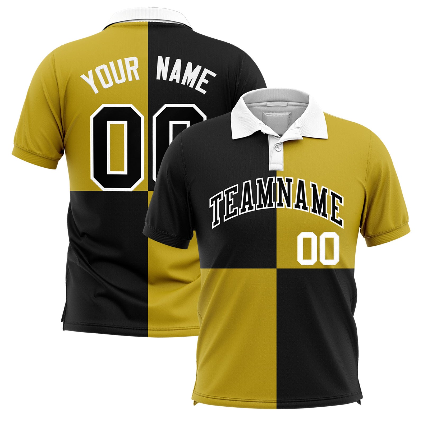 Custom Black Old Gold Four Squares Design Performance Polo Shirt
