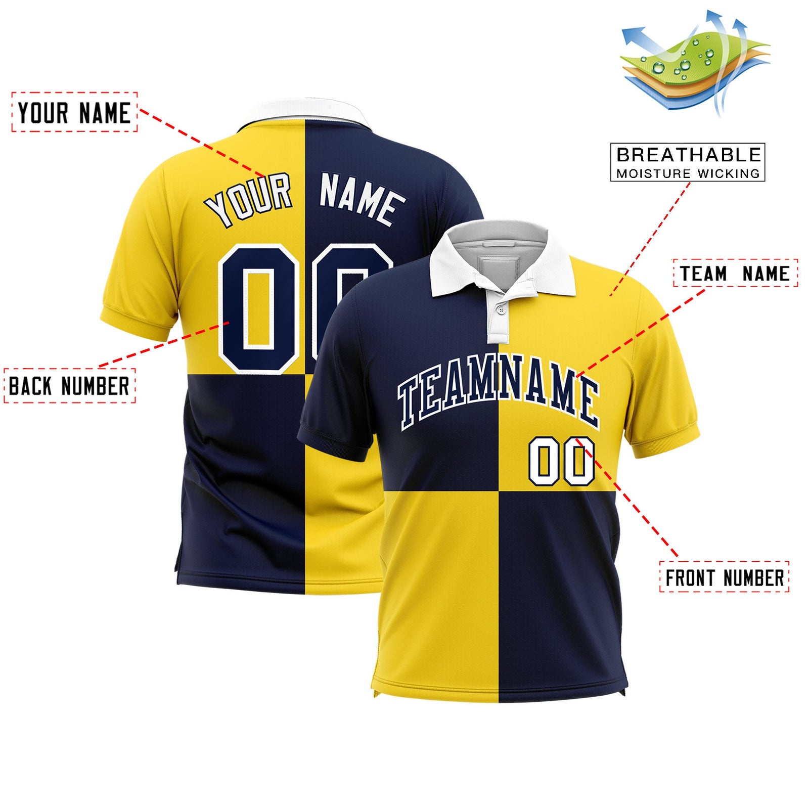 Custom Navy Gold Four Squares Design Performance Polo Shirt