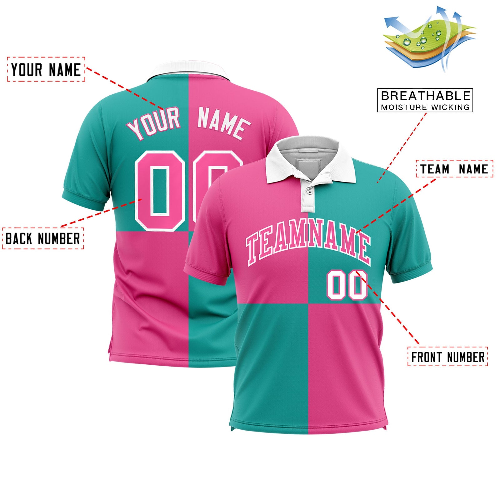 Custom Purple Aqua Four Squares Design Performance Polo Shirt