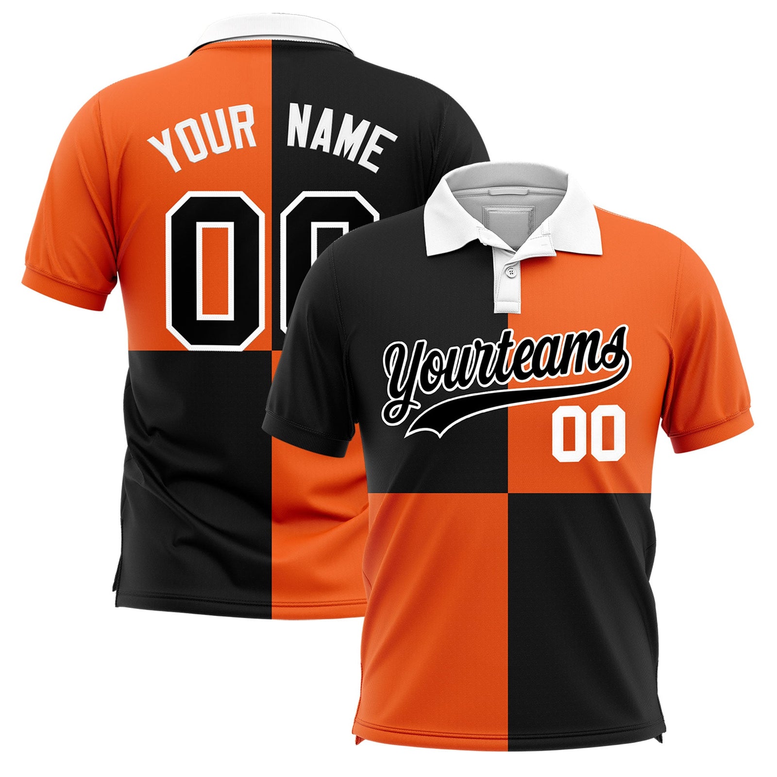 Custom Black Orange Four Squares Design Performance Polo Shirt