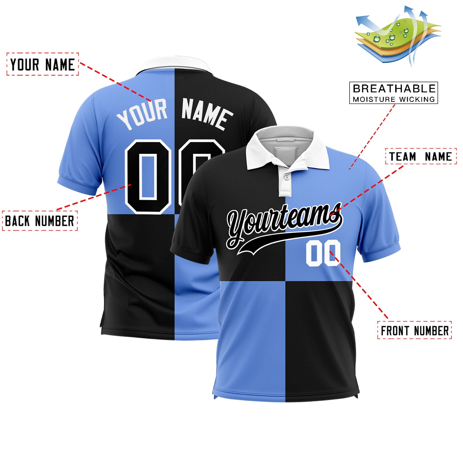 Custom Black Light Blue Four Squares Design Performance Polo Shirt